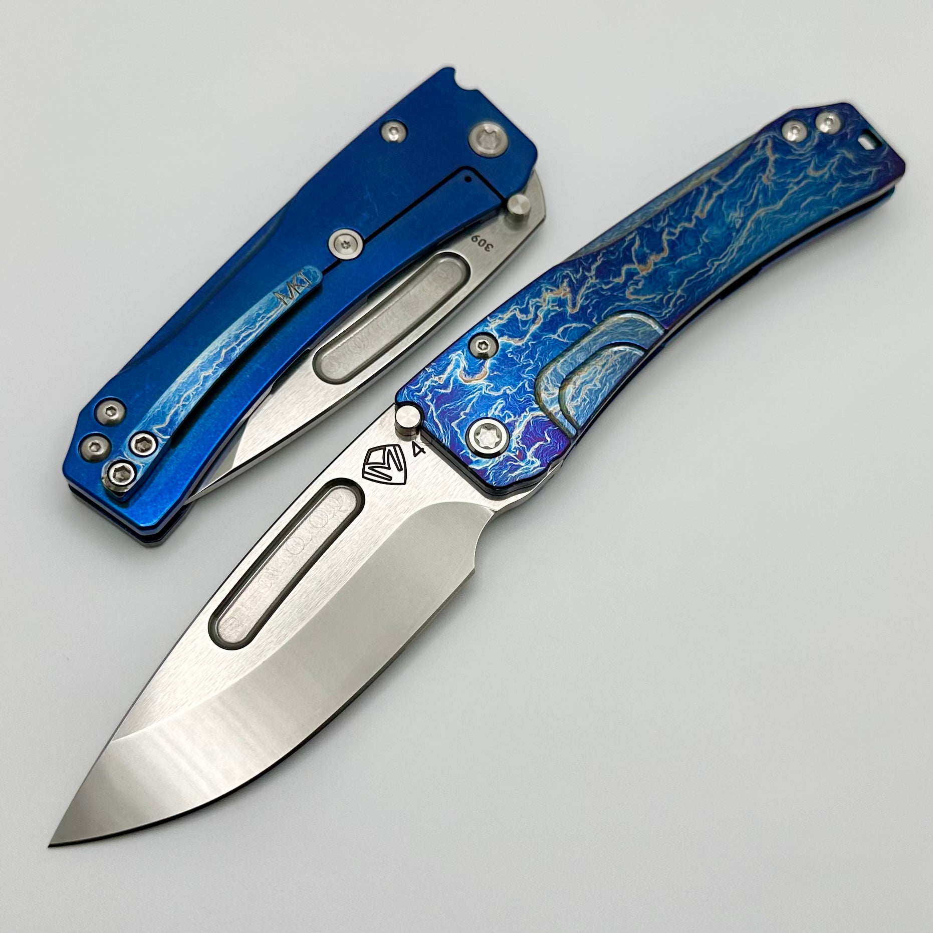 Medford Knife Slim Midi Tumbled Flat Ground Drop Point S45 & Acid Etch Flamed/Blue Tumbled Handles