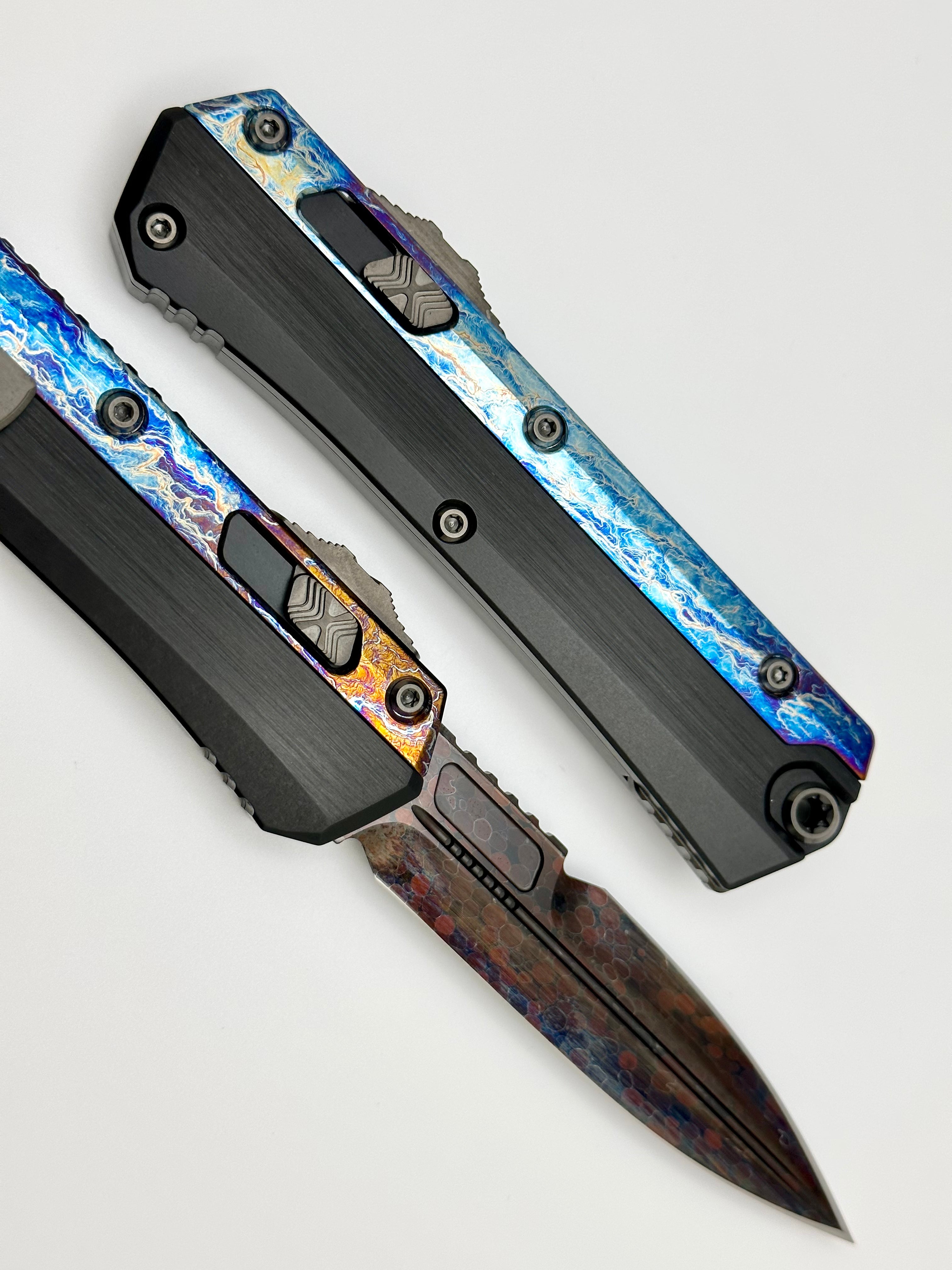 Marfione Custom Knives Glykon Hot Blued Dragonskin Bertie Rietveld Ball Bearing Damascus w/ Galactic Acid Overlays