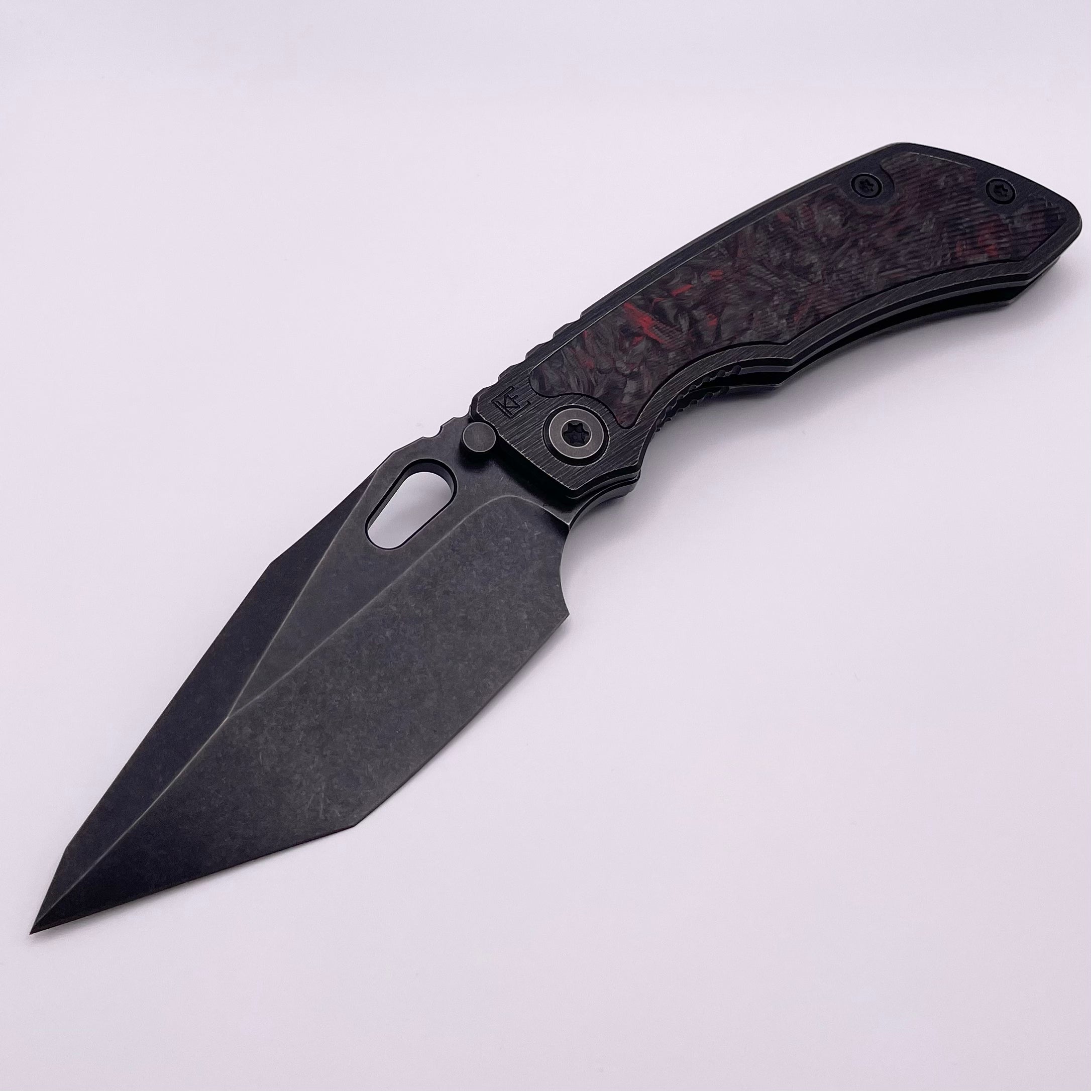 PRE OWNED Custom Knife Factory Rotten Design Evo T Carbon Fiber Inlaid Blackwash Handles w/ Blackwash S90V