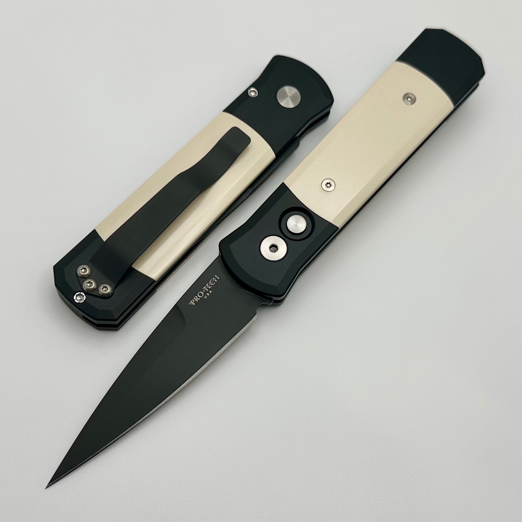 Pro-Tech Godson Tuxedo Black Handles w/ Ivory Micarta Inlays & Black 154-CM Blade 752