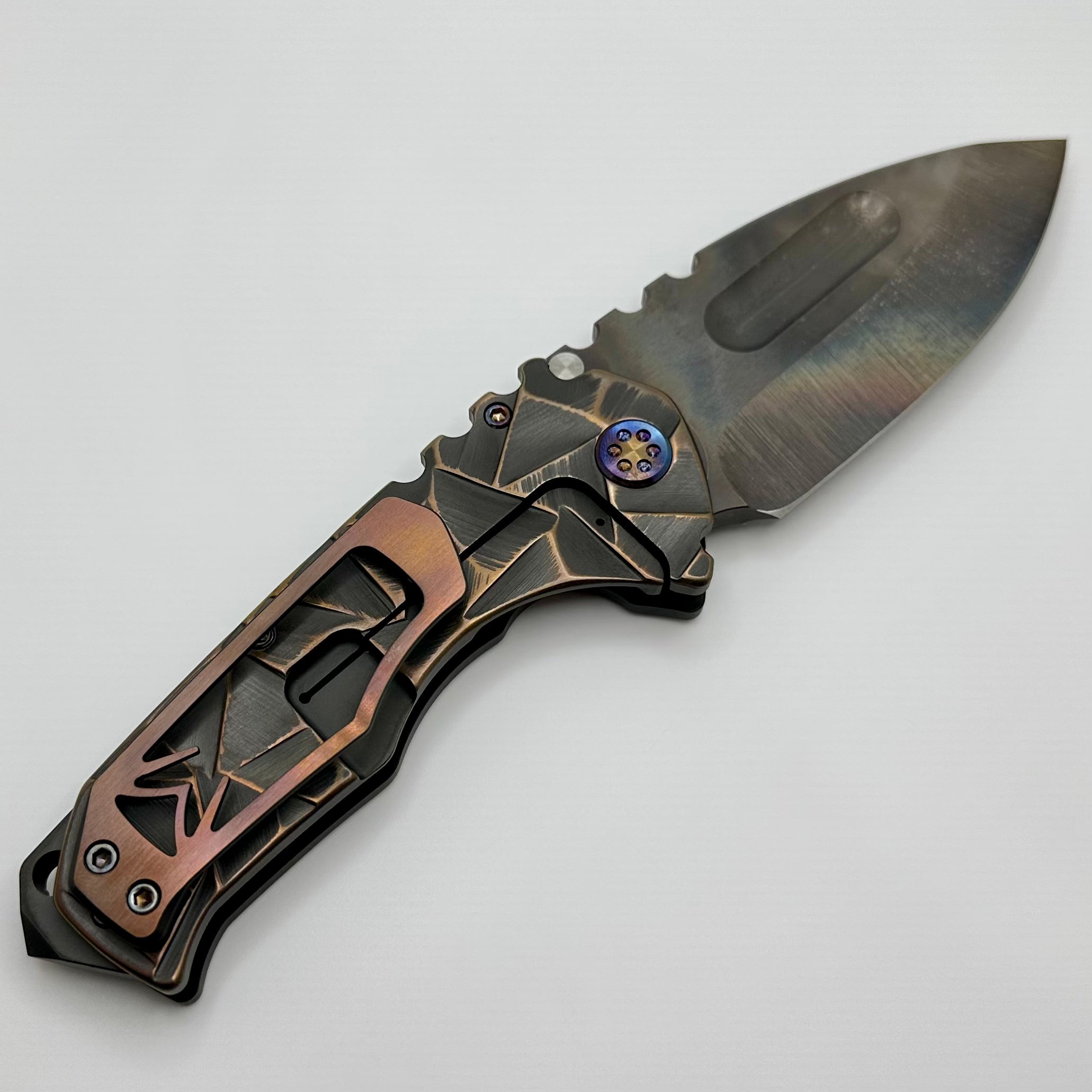 Medford Knife Praetorian TI 3V Vulcan Drop Point & Black/CuRose Stained Glass Sculpting w/ Flamed Hardware/Clip