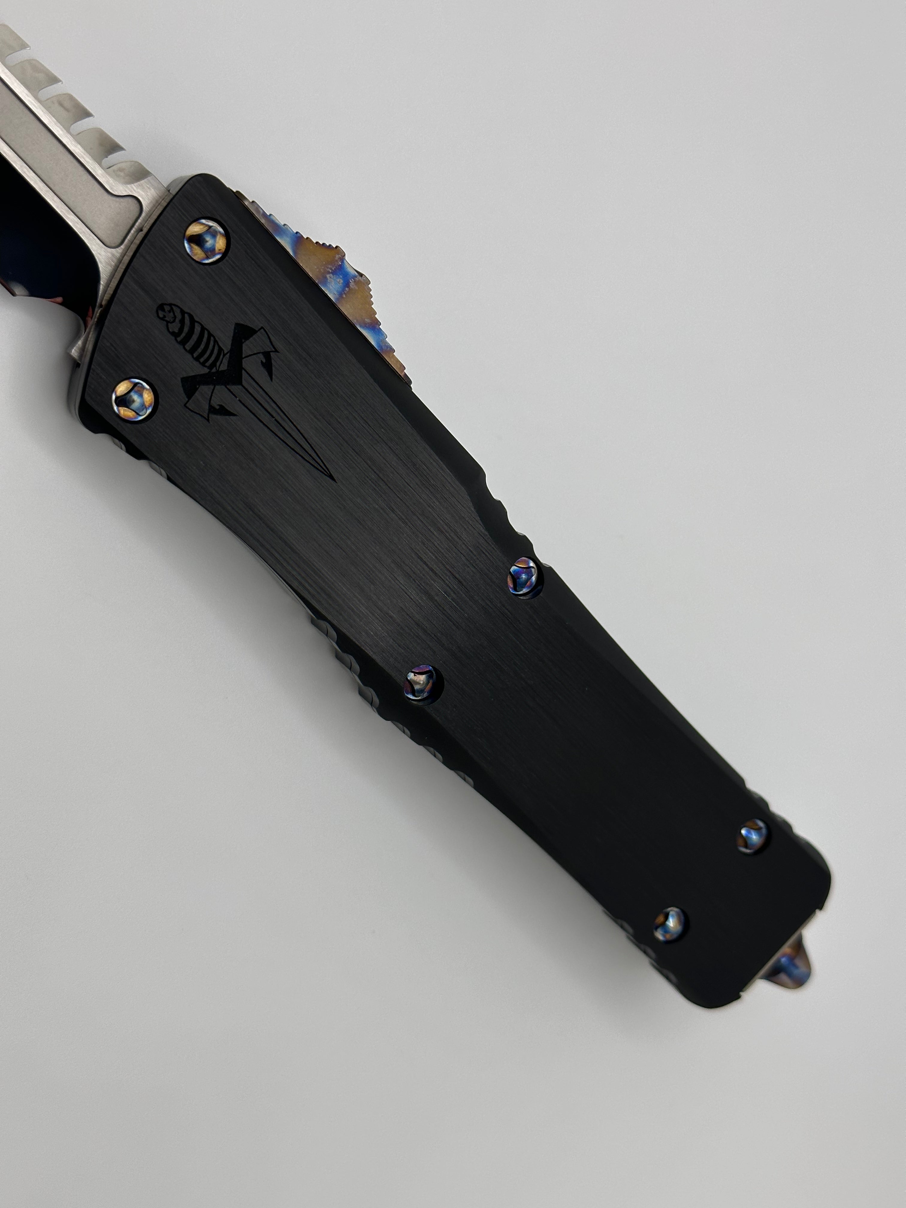 Marfione Custom Knives Combat Troodon Interceptor Mirror Polish w/ Hefted Black Handle & Flamed Hardware