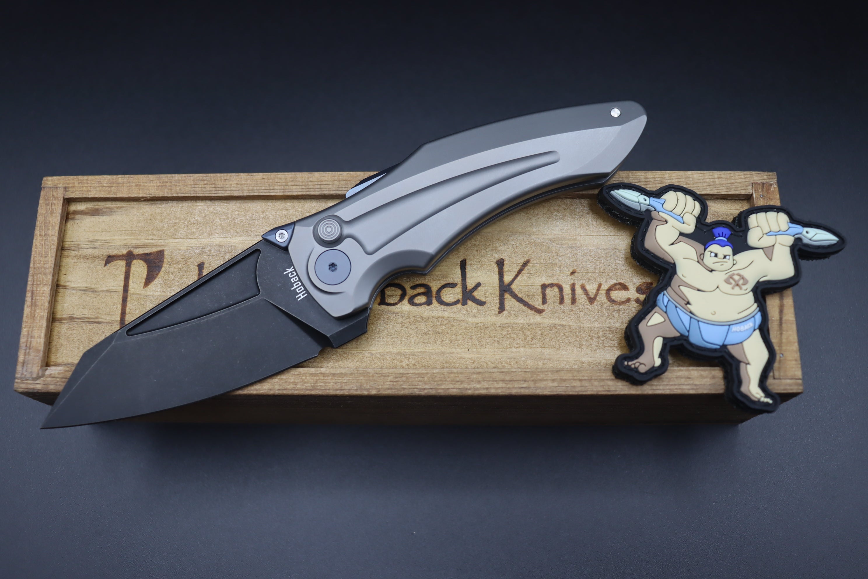 Jake Hoback Knives Sumo Light Gray Sandblast Handle & DLC Black Blade with Blue Anodized Accents