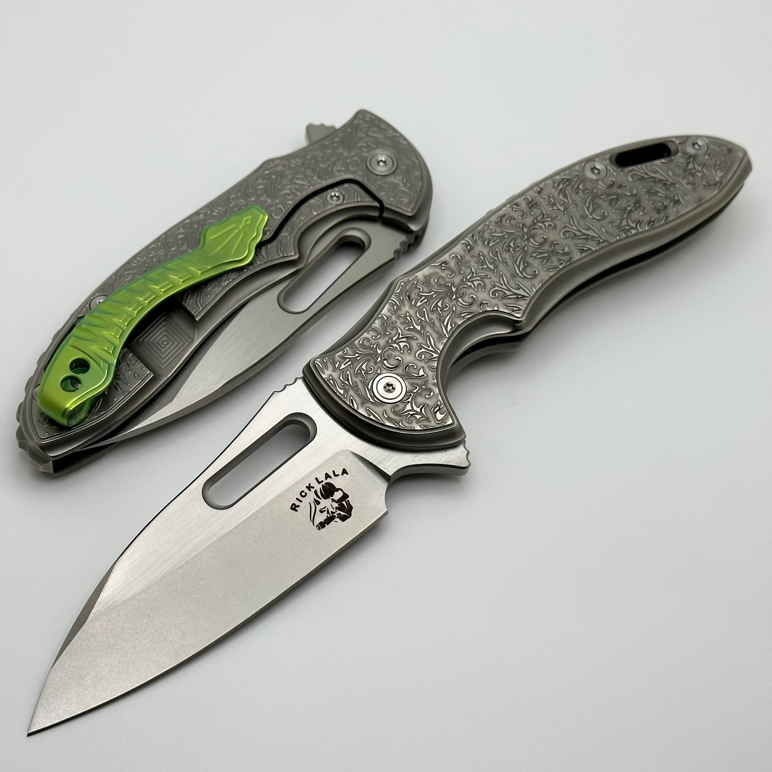 Mechforce Knives Sentry Rick Lala Collab Scroll Pattern Titanium & M390 w/ Green Clip Exclusive