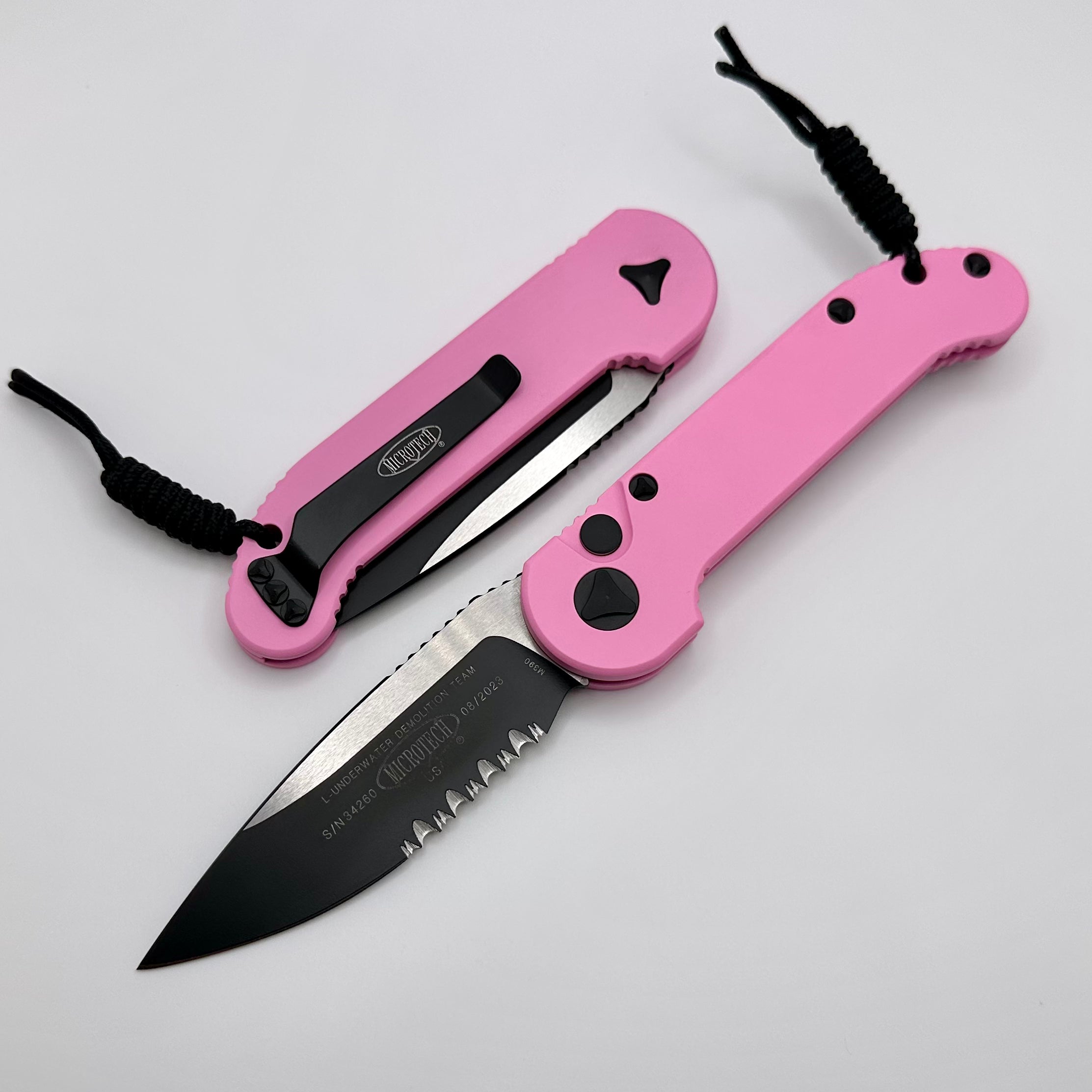 Microtech L.U.D.T Smooth Blasted Pink Handle & Partial Serrated Two Tone Black 135S-2BPK