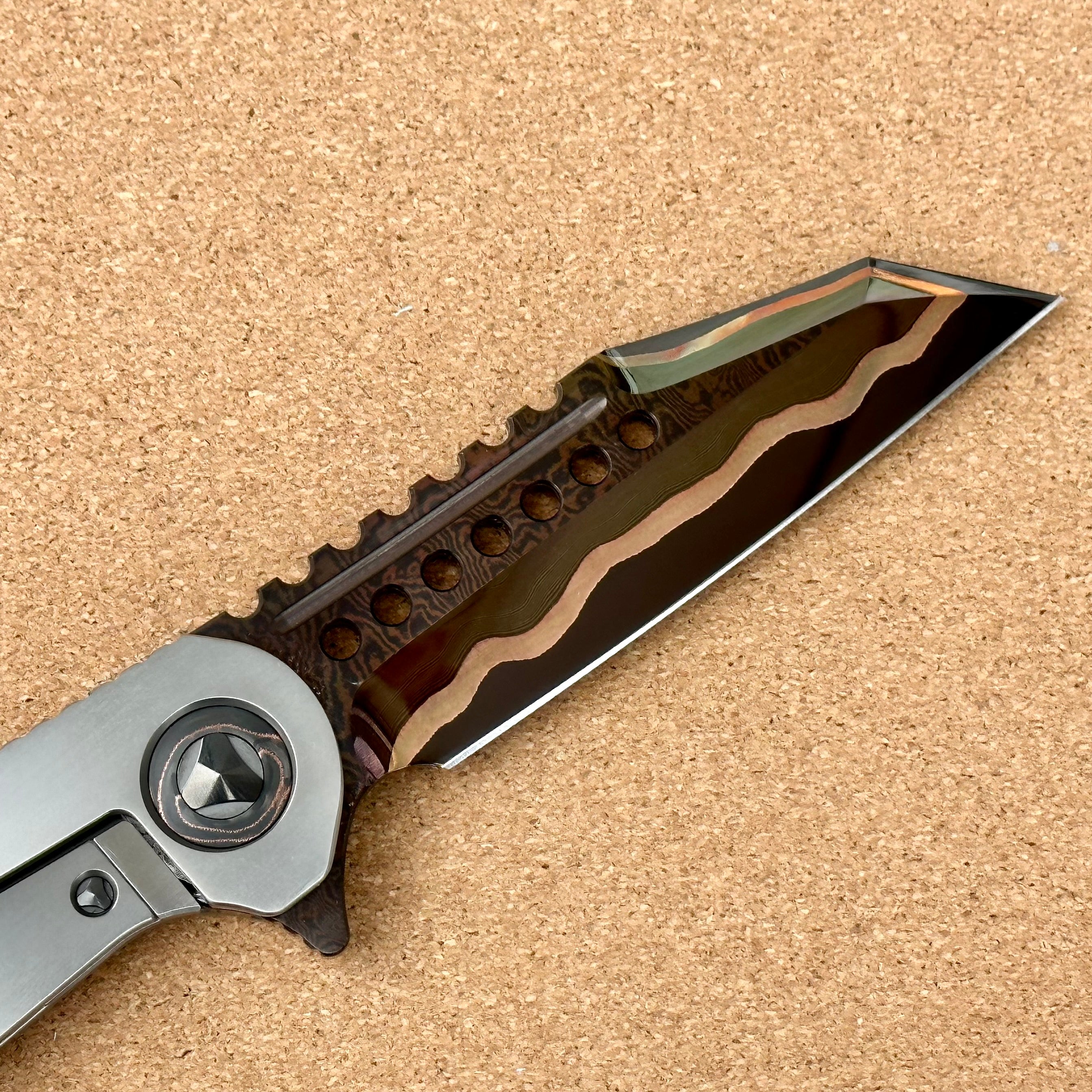 Marfione Custom Knives Warhound Sunset GoMai Baker Forge Damascus w/ Titanium & Protech Composites Copper CF Inlay