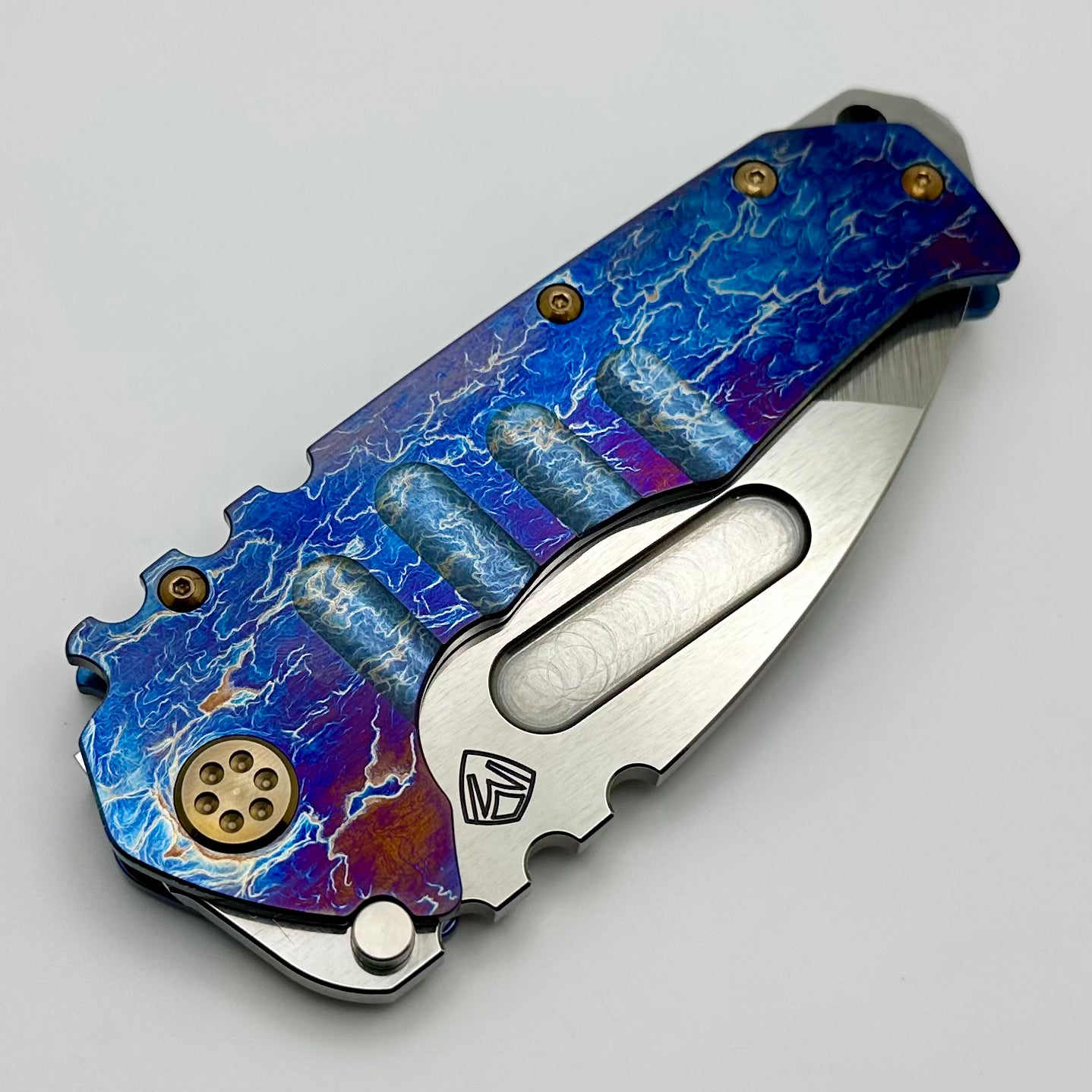 Medford Knife Praetorian T Tumbled S45 Tanto & Acid Etch Flamed/Blue Handles w/ Bronze Hardware/Clip