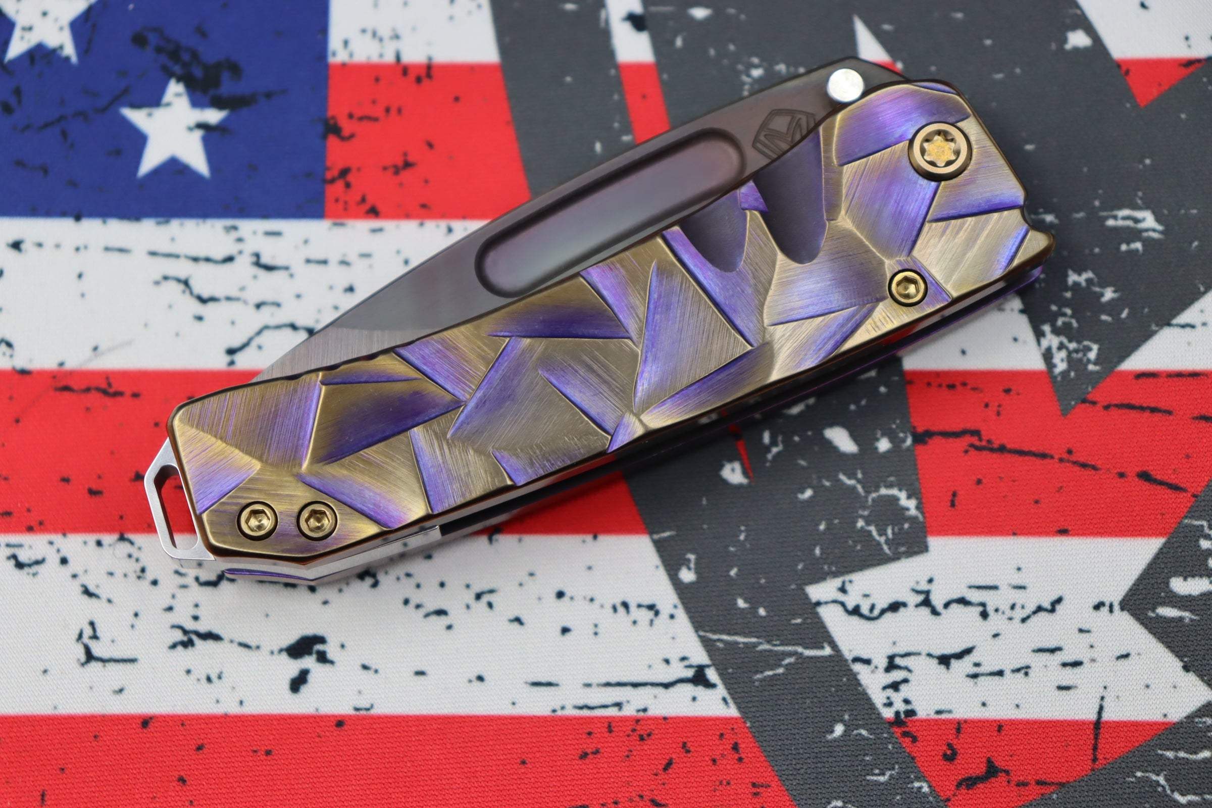 Medford Midi Marauder Vulcan S35 Drop Point & Violet w/ Bronze Stained Glass Sculpted Handles w/ Bronze Hardware/Clip