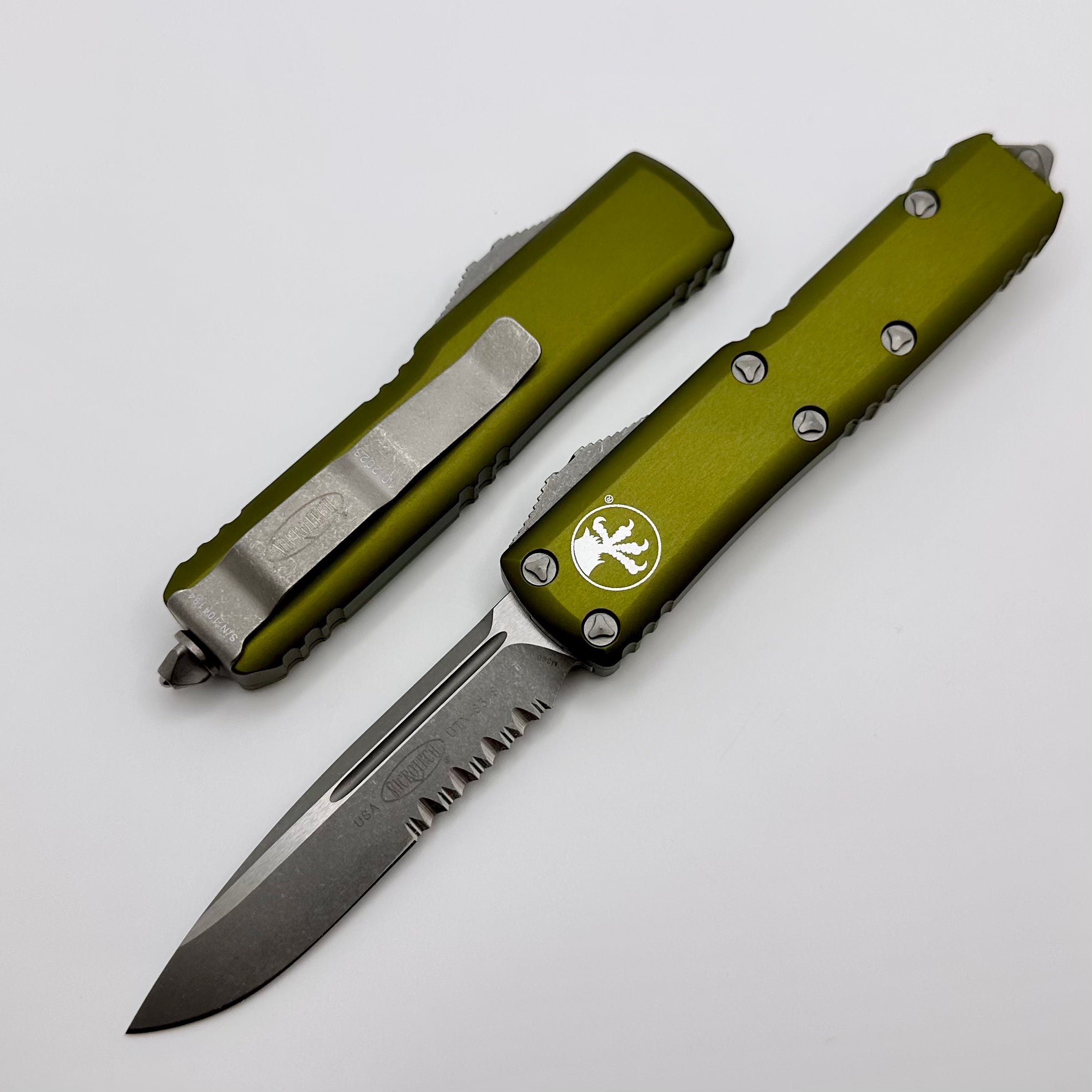 Microtech UTX-85 Single Edge Partial Serrated Apocalyptic & OD Green 231-11APOD