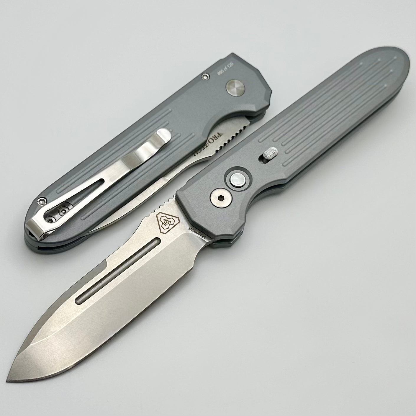 Pro-Tech PDW Invictus Gray Aluminum Handles w/ Safety & Stonewash MagnaCut Show ATL 2024