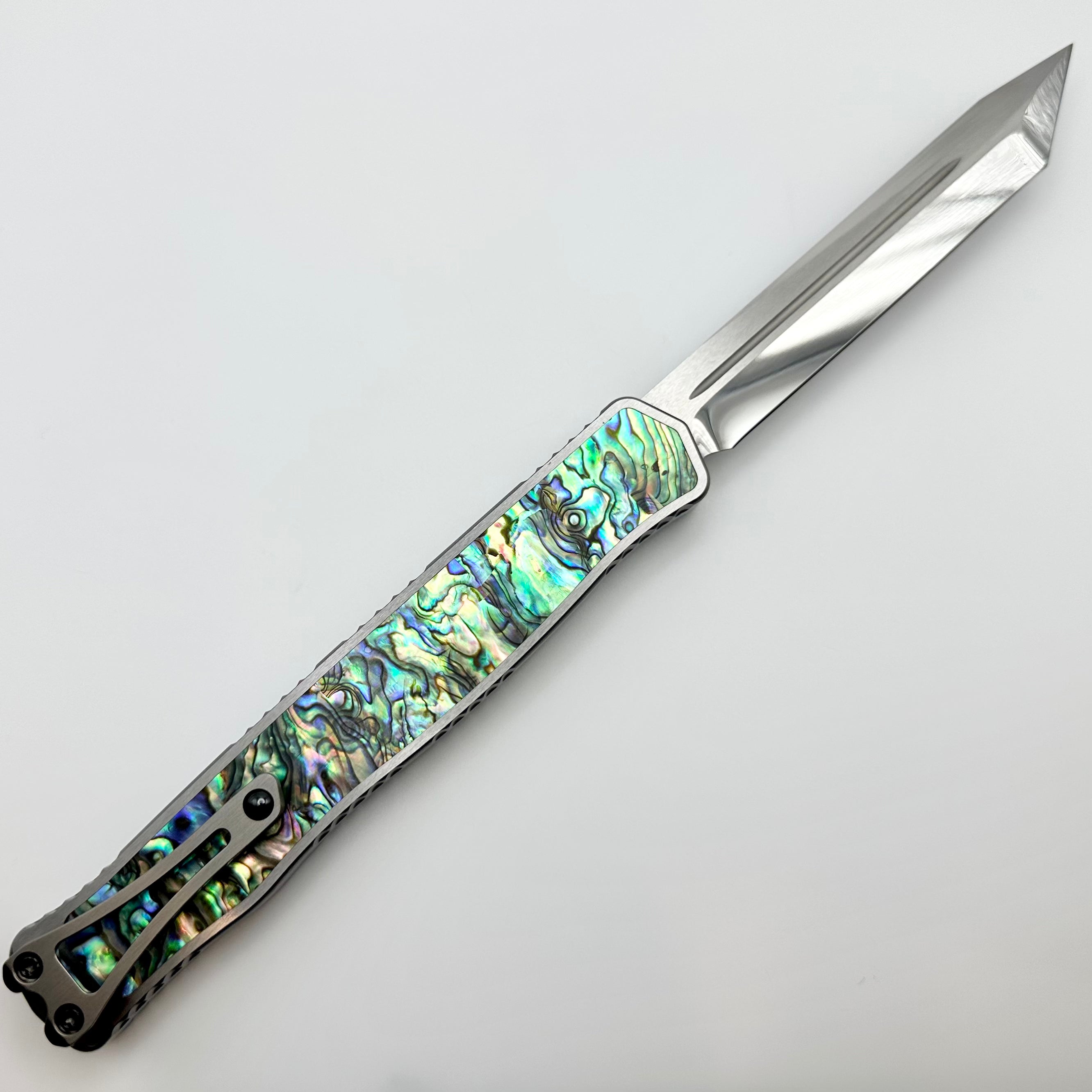 Heretic Knives Custom Cleric II 2 Stainless Steel Handle w/ Abalone Inlays & Hand Ground Mirror Elmax Tanto Blade