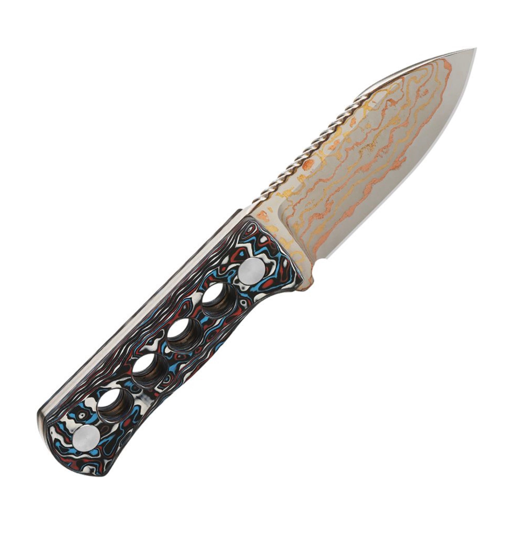 QSP Canary Neck Knife w/ Brass Copper Damascus & Red/White/Blue Carbon Fiber Handle QS141-H