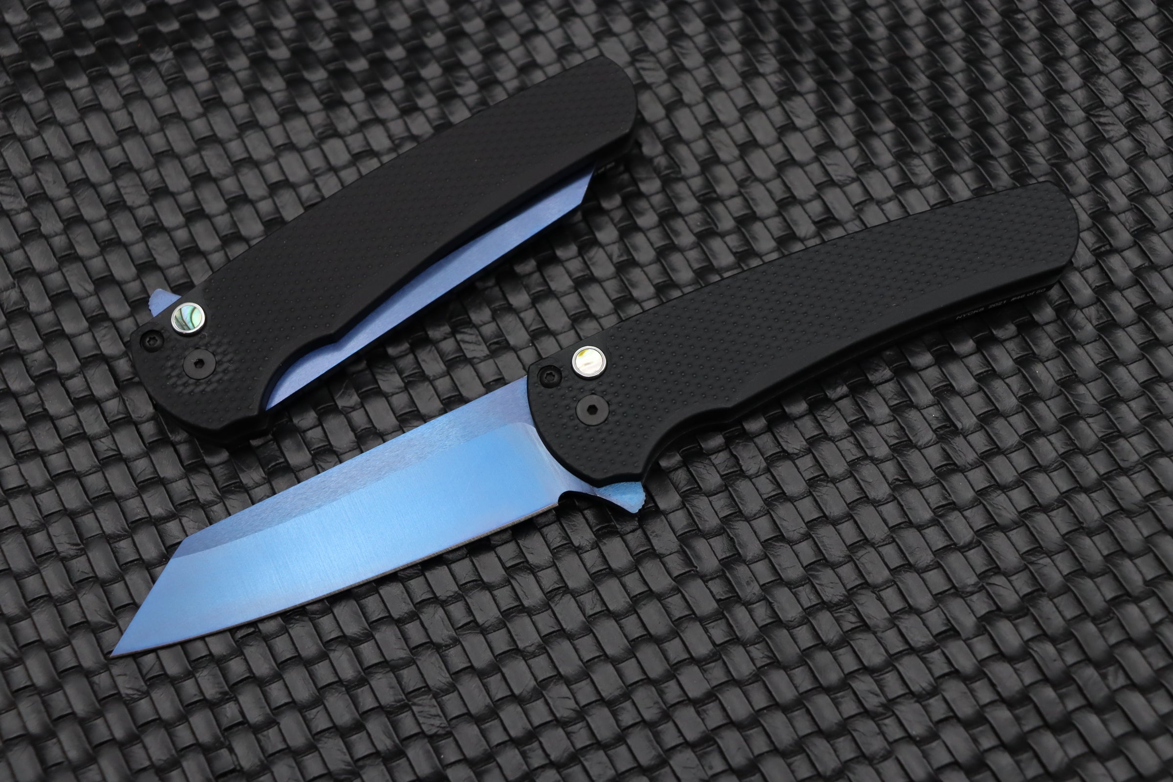 Pro-Tech Malibu NYCKS 2021 Textured Black with Abalone Button & Sapphire Blue S45 Blade 5206-SB