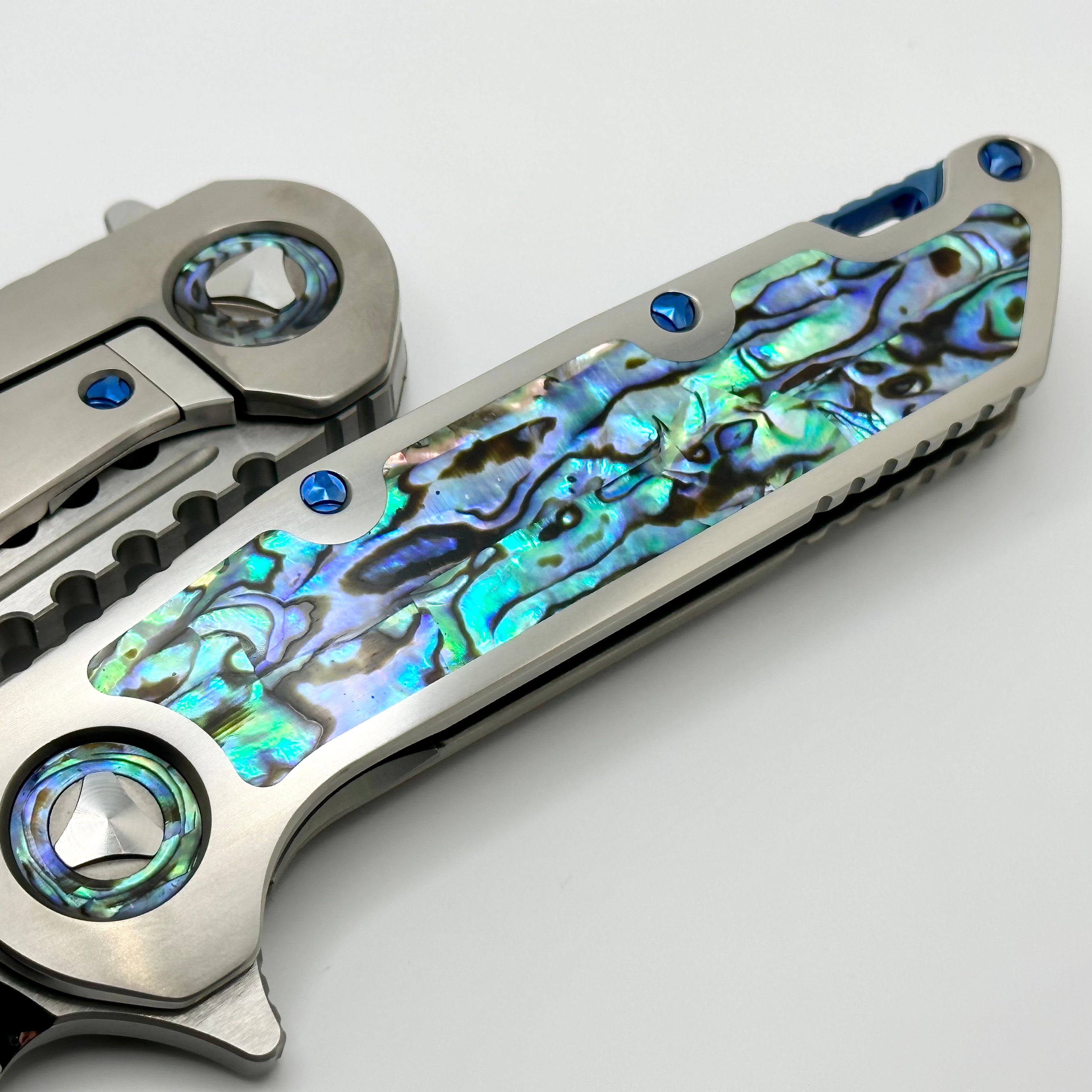 Marfione Custom Knives Warhound Mirror Polish & Abalone Inlaid Satin Titanium Handles w/ Blue Titanium Hardware