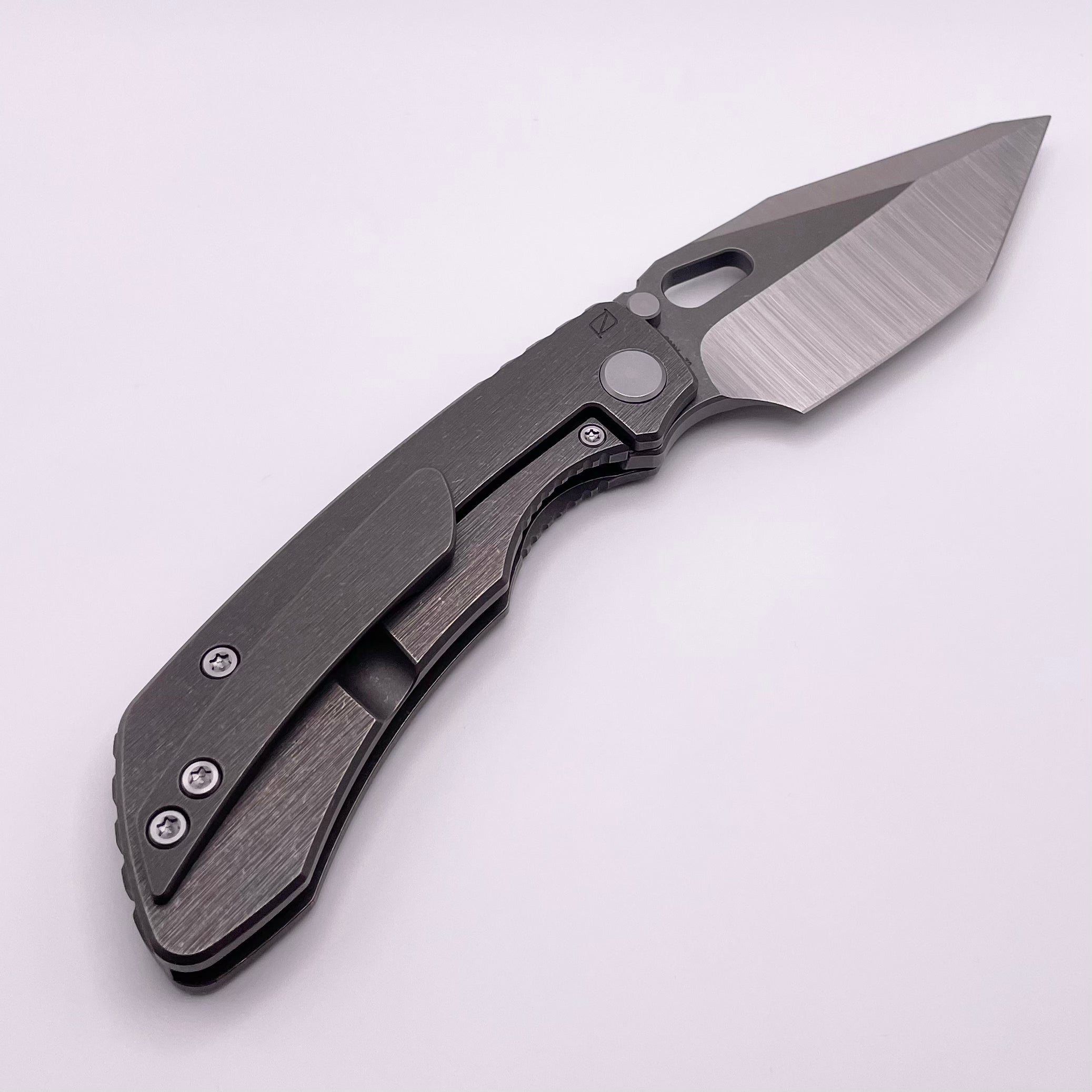 PRE OWNED Custom Knife Factory Rotten Design Evo T Machine Grind S90V w/ Tumbled Titanium Handles