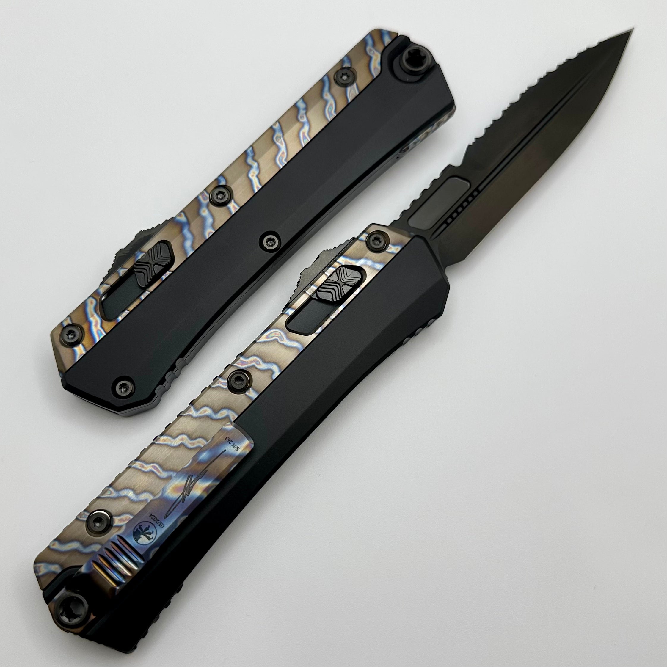 Microtech Glykon DLC Bayonet Part Serrated w/ Flamed Titanium Accents Signature Series 184-2DLCFA