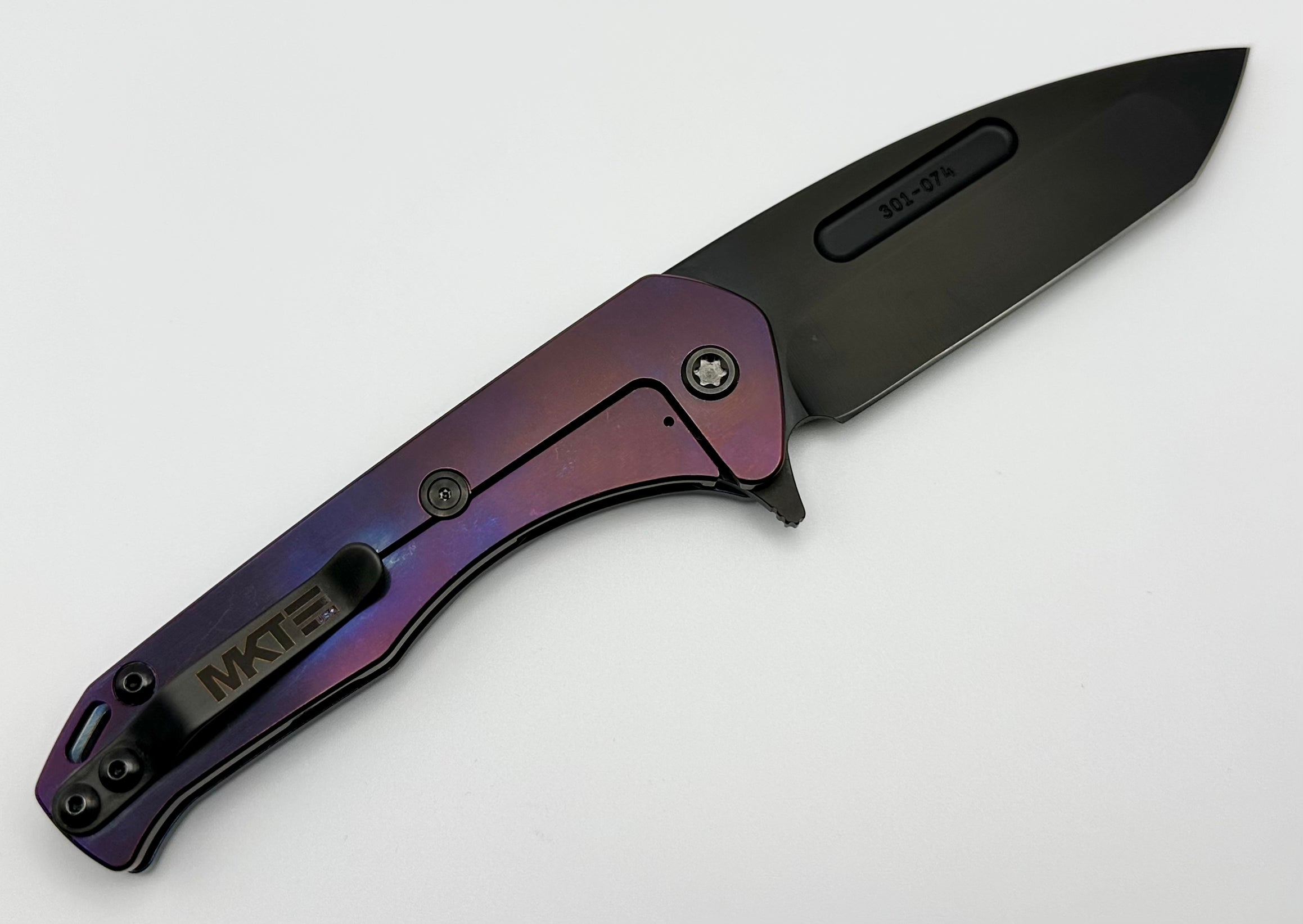 Medford Praetorian Slim Flipper S45VN PVD Tanto & Faced/Flamed Solar Flare Blue/Violet Handles w/ PVD Hardware/Clip