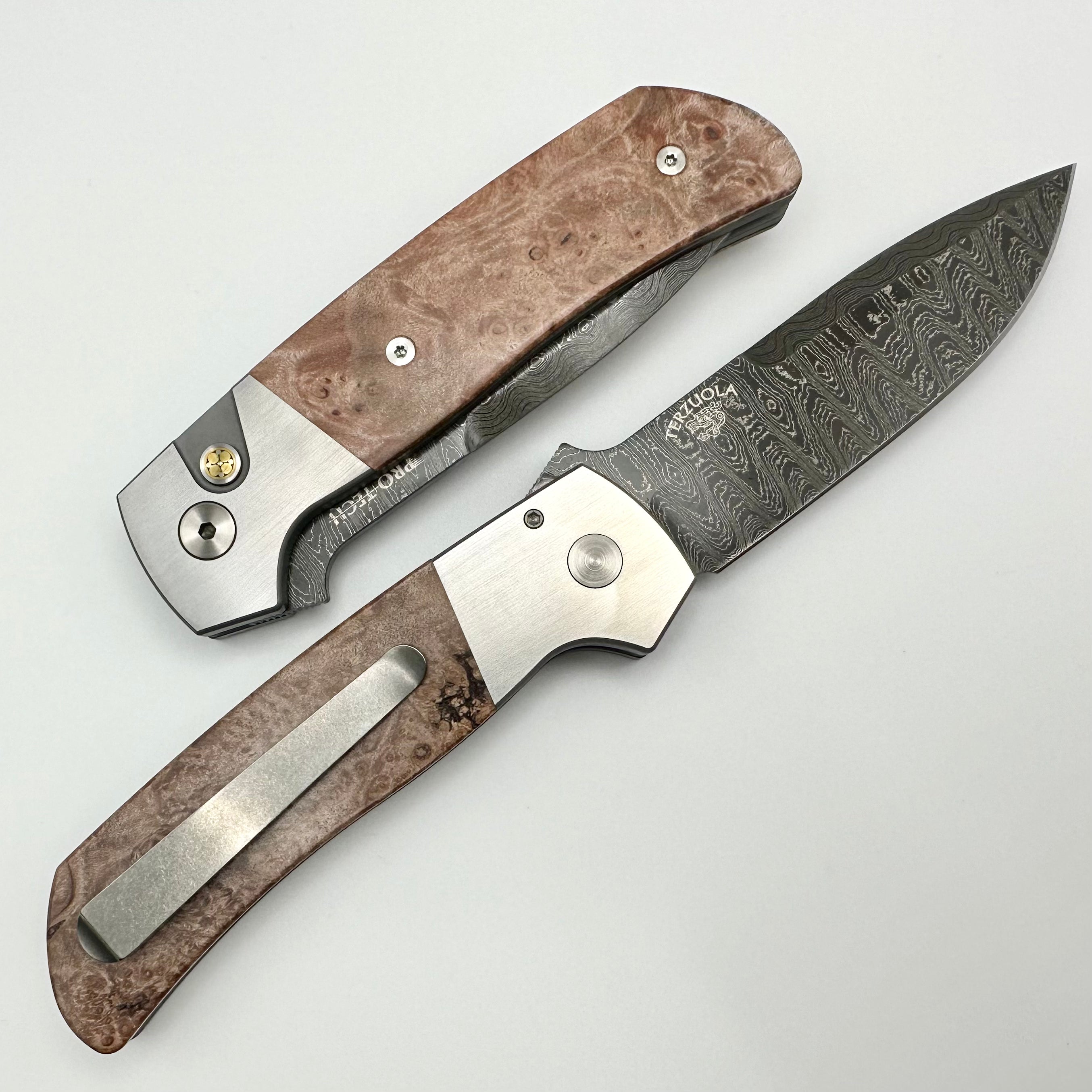 Pro-Tech ATCF 2 Tone 416 Steel w/ Maple Burl Inlays & Mosaic Button w/ Chad Nichols Damascus 2023 ATCF.010