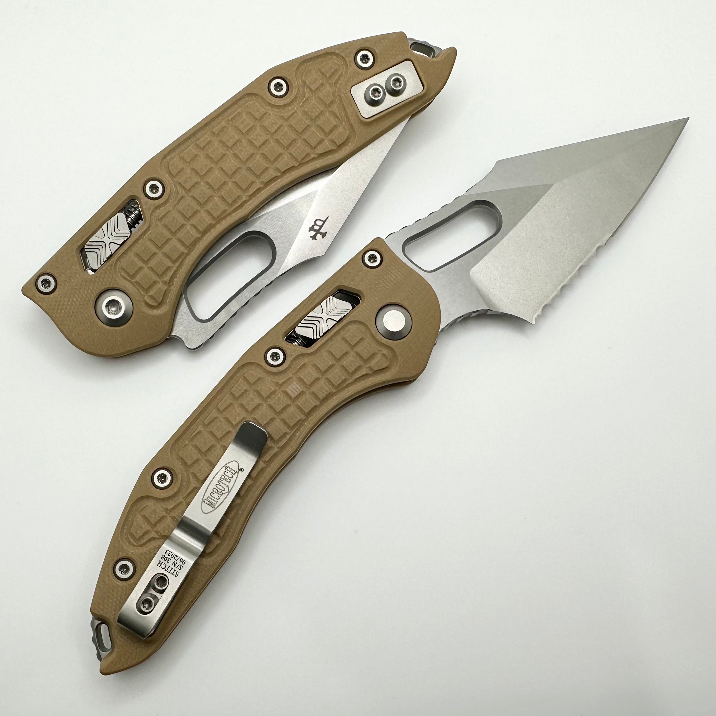 Microtech Knives Manual Stitch RAM LOK Frag Tan G-10 & Partial Serrated M390MK 169RL-11FRGTTA