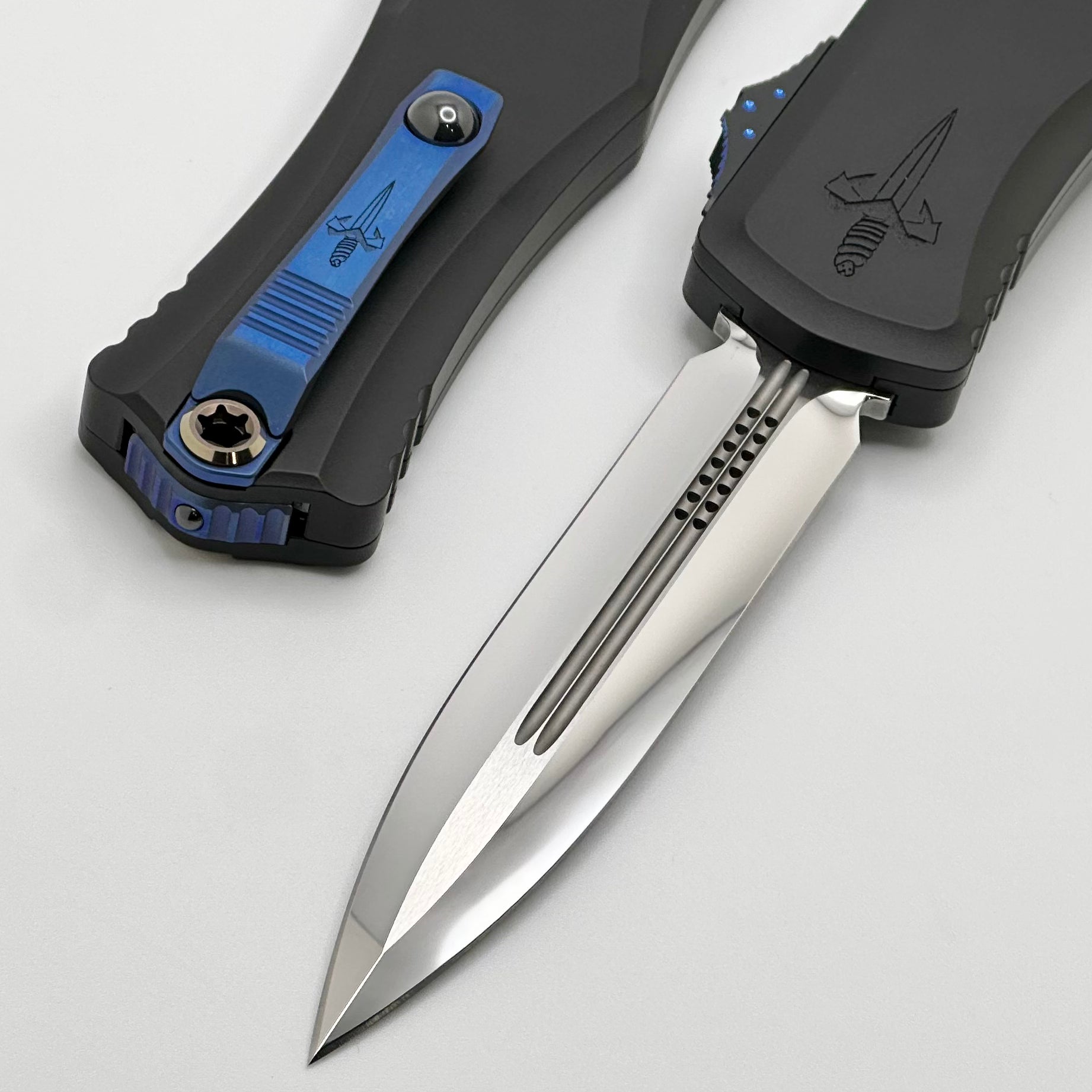 Marfione Custom Knives Hera II Mirror Polished Double Edge w/ Black Handle & Blue Titanium Accents