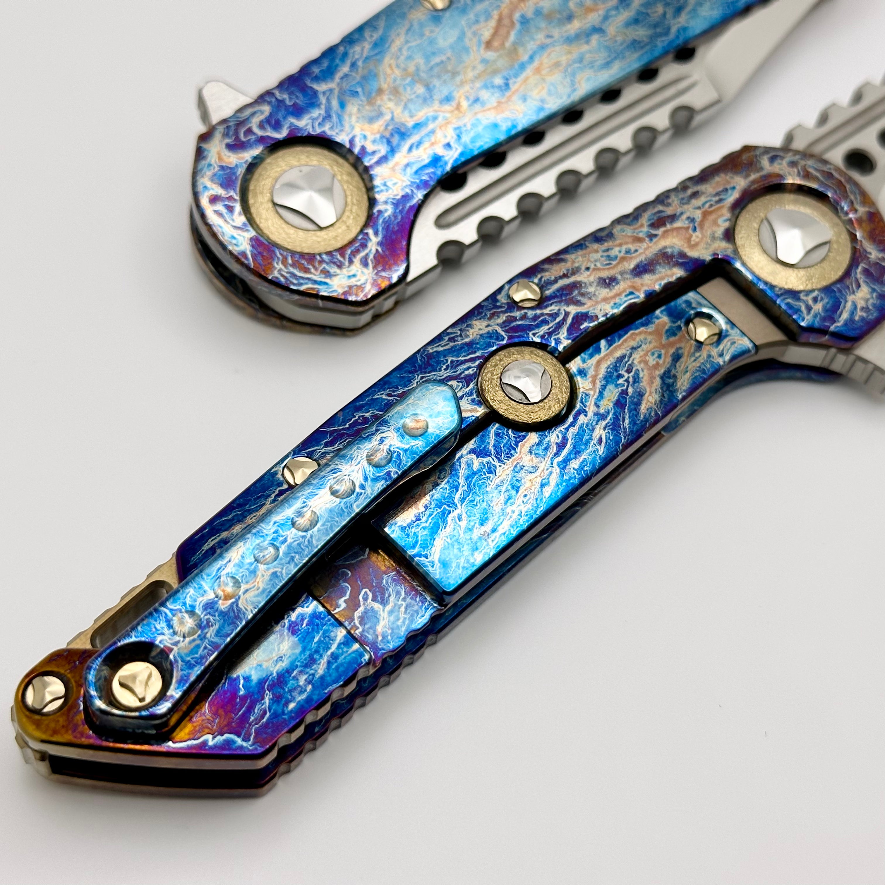 Marfione Custom Knives Warhound Mirror Polish & Galatic Acid Titanium Handles w/ Bronze Titanium Hardware