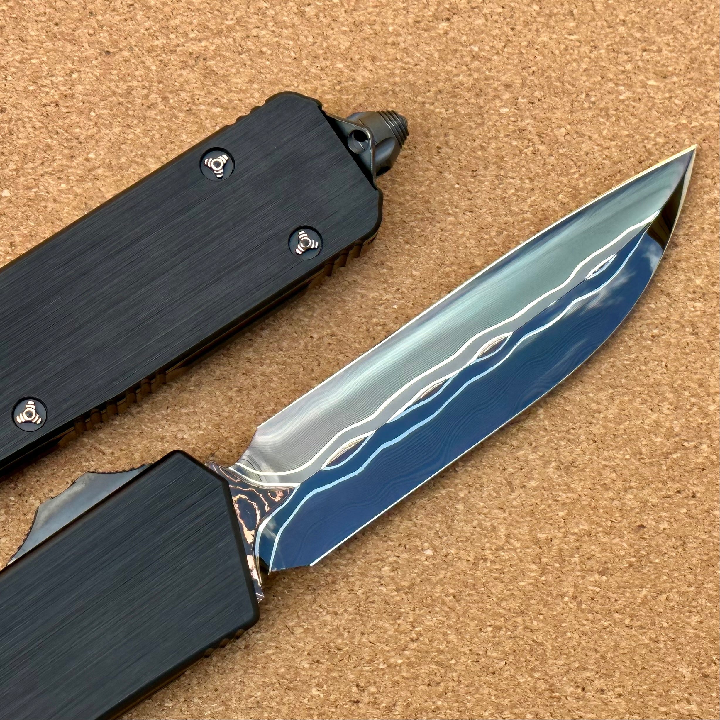 Marfione Custom Knives Scarab 2 DES Riptide Ultra Baker Forge Damascus w/ Hefted Black Handle & Copper Ringed Ti Hardware