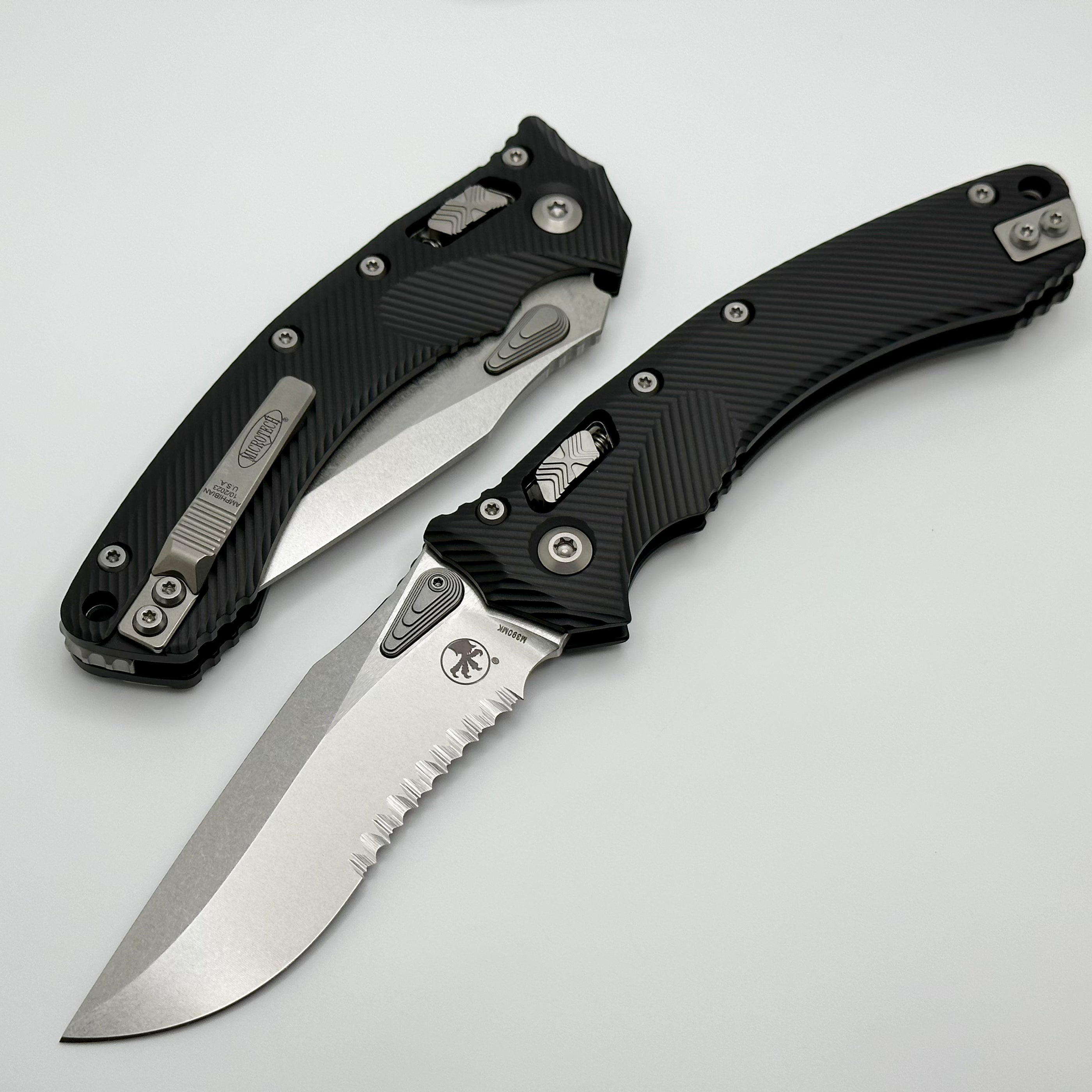 Microtech Amphibian RAM LOK Black Fluted Aluminum & Stonewash Partial Serrated M390MK 137RL-11FL