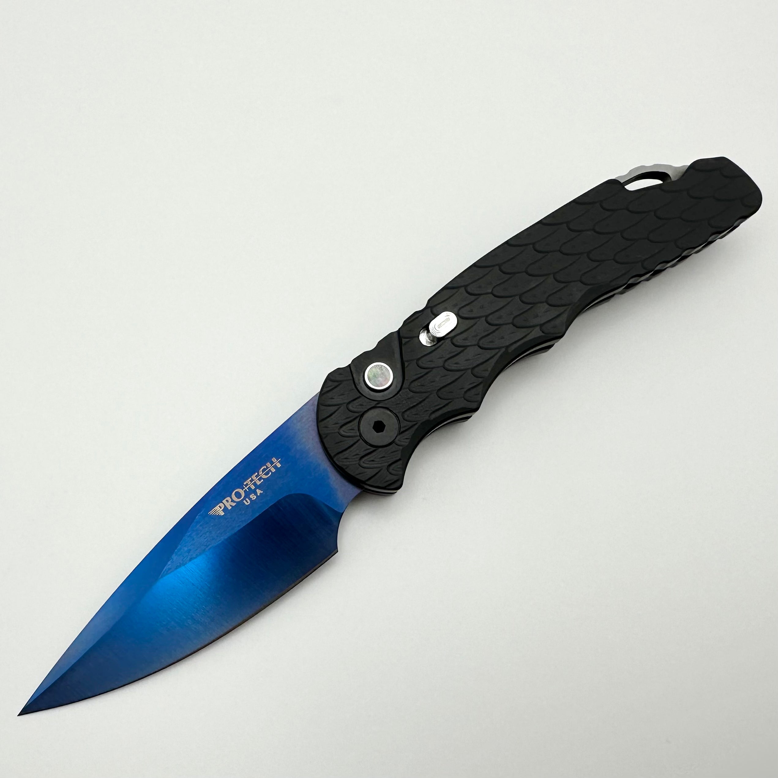 Pro-Tech TR-5 Black Feather Handle w/ Sapphire Blue Blade & White Pearl Button Blade West 2023