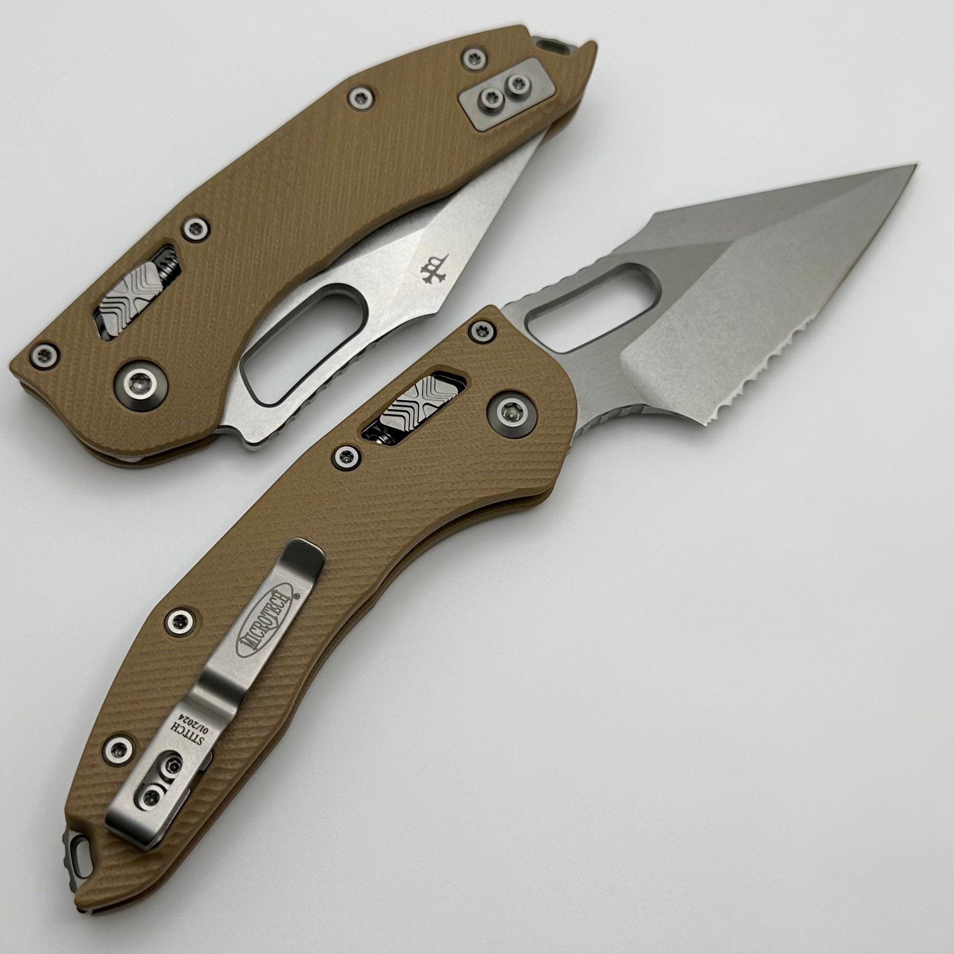 Microtech Knives Manual Stitch RAM LOK Fluted Tan G-10 & Partial Serrated M390MK 169RL-11FLGTTA