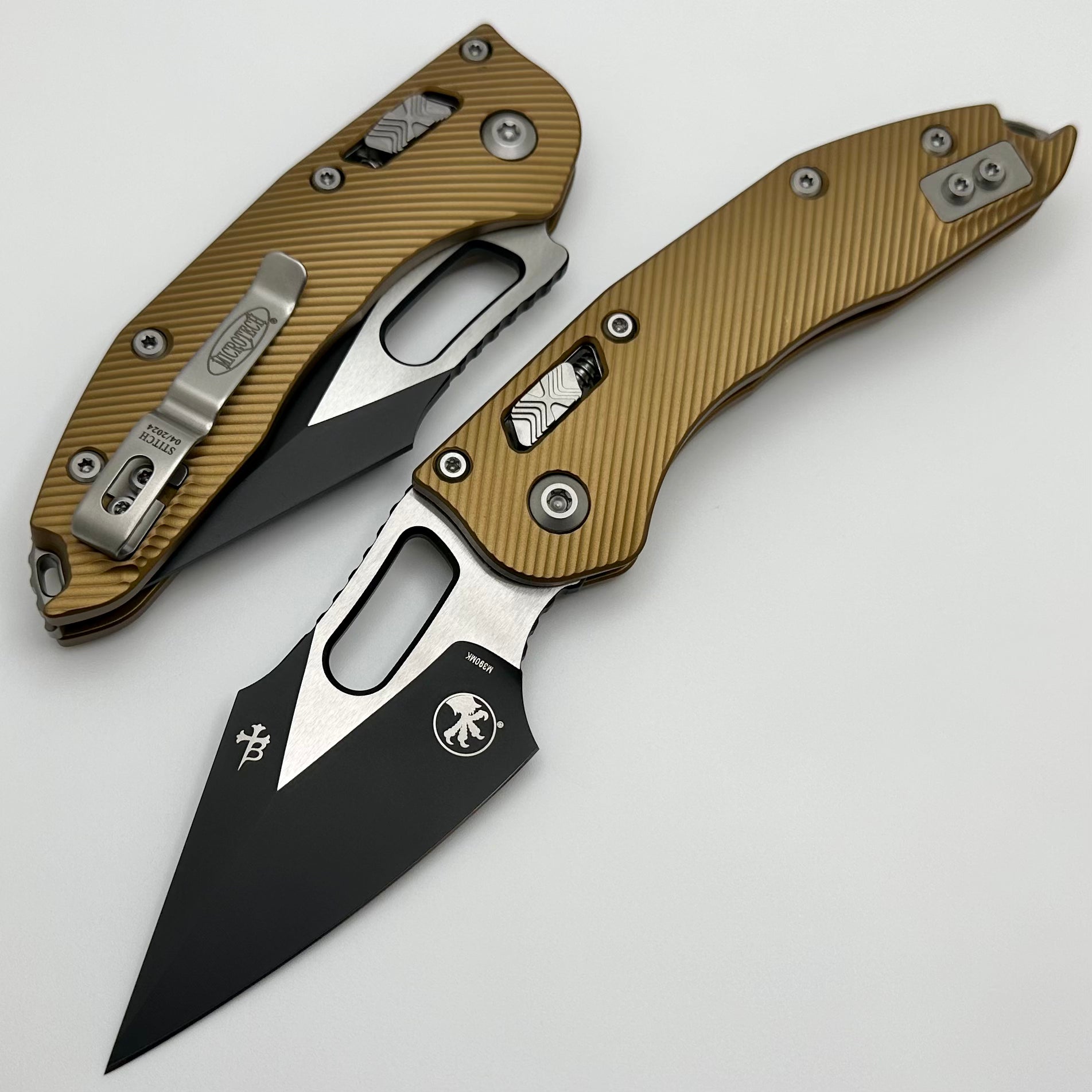 Microtech Knives Manual Stitch RAM LOK Fluted Aluminum Tan Standard & Black M390MK 169RL-1FLTA