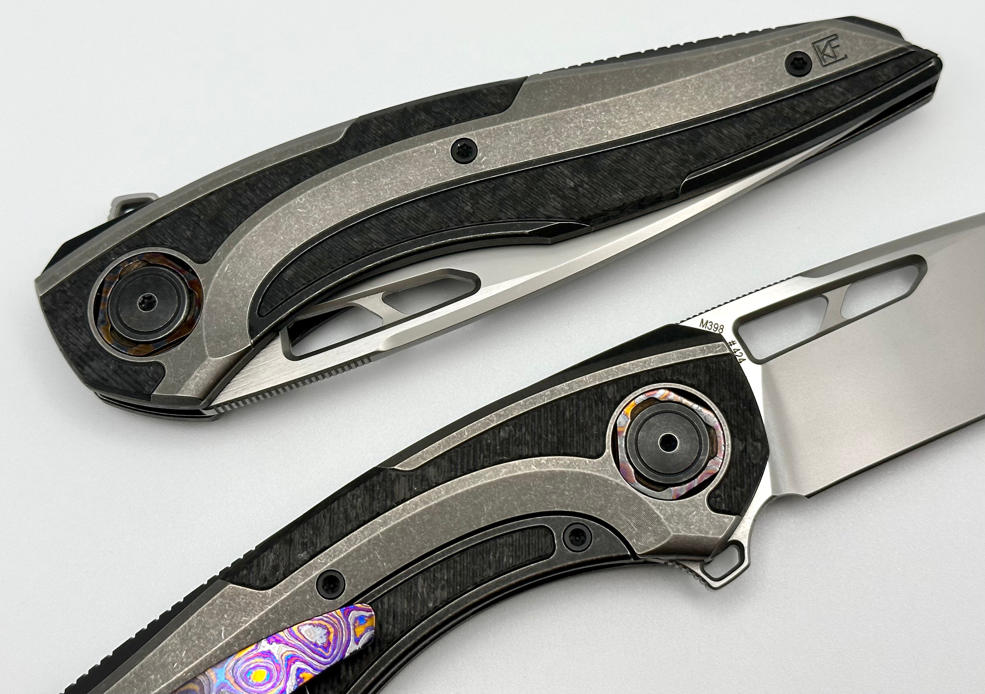 Custom Knife Factory Sukhoi-4 Titanium & Milled Carbon Fiber w/ ZircuTi Pivot Collars/Clip & M398