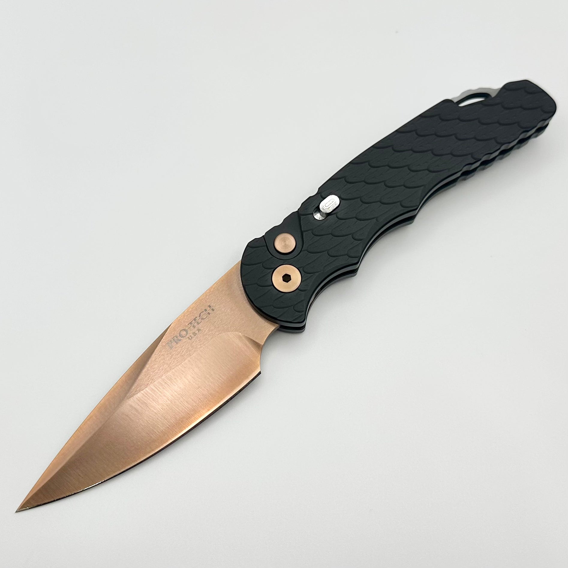 Pro-Tech TR-5 Blade Show 2023 Black Feather Textured Handle w/ Rose Gold Blade/Hardware Prototype TR-5 RG