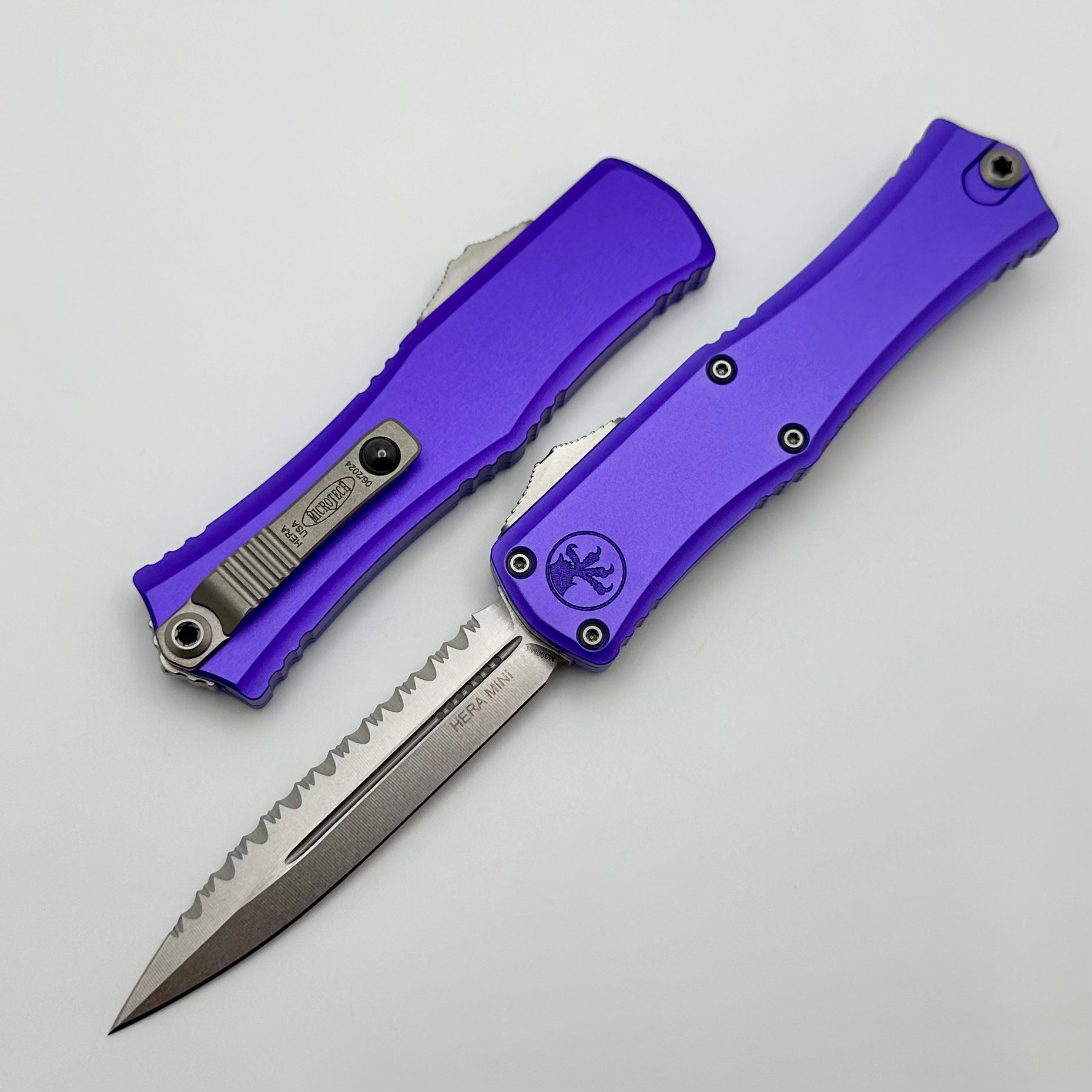 Microtech Knives Mini Hera Stonewash D/E Full Serrated M390MK w/ Purple Handle 1702M-12PU