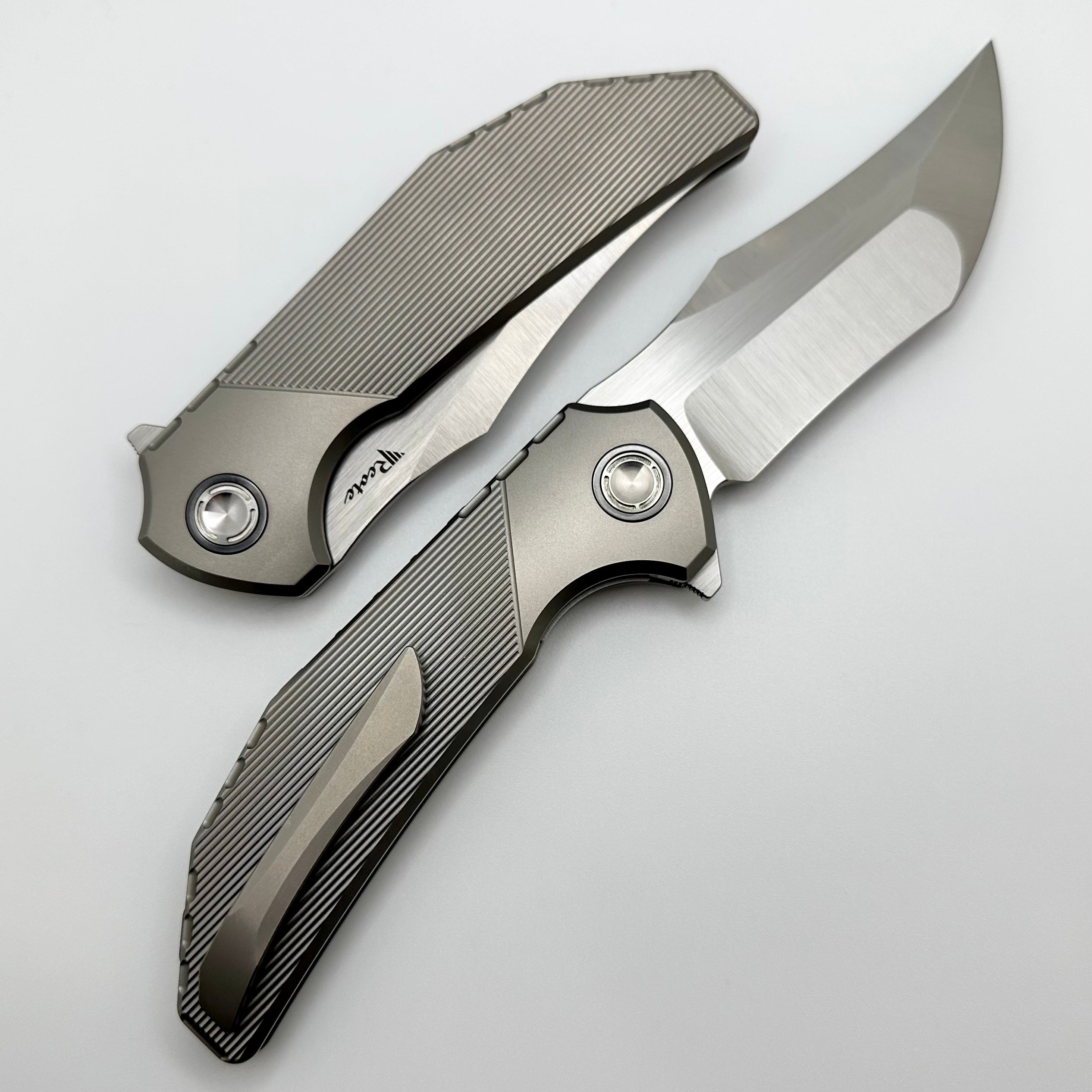 Reate Knives Tiger Stripe Milled Titanium & Compound Ground M390