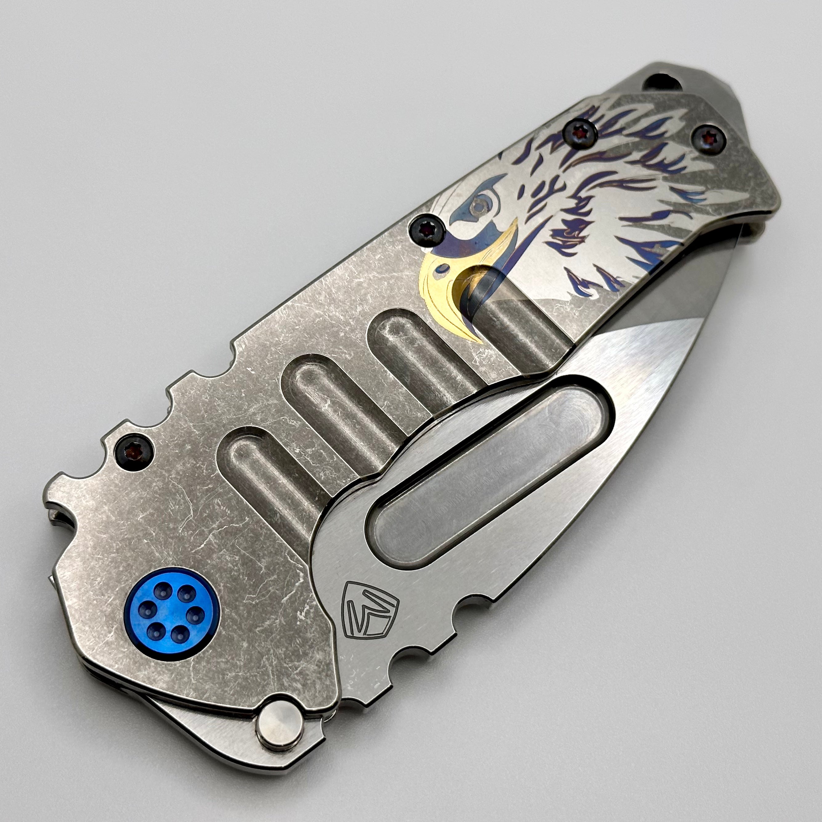 Medford Knife Praetorian T Drop Point Tumbled S45 & Tumbled Patriotic Eagle Engraved Handle w/ Blue Hardware/Clip