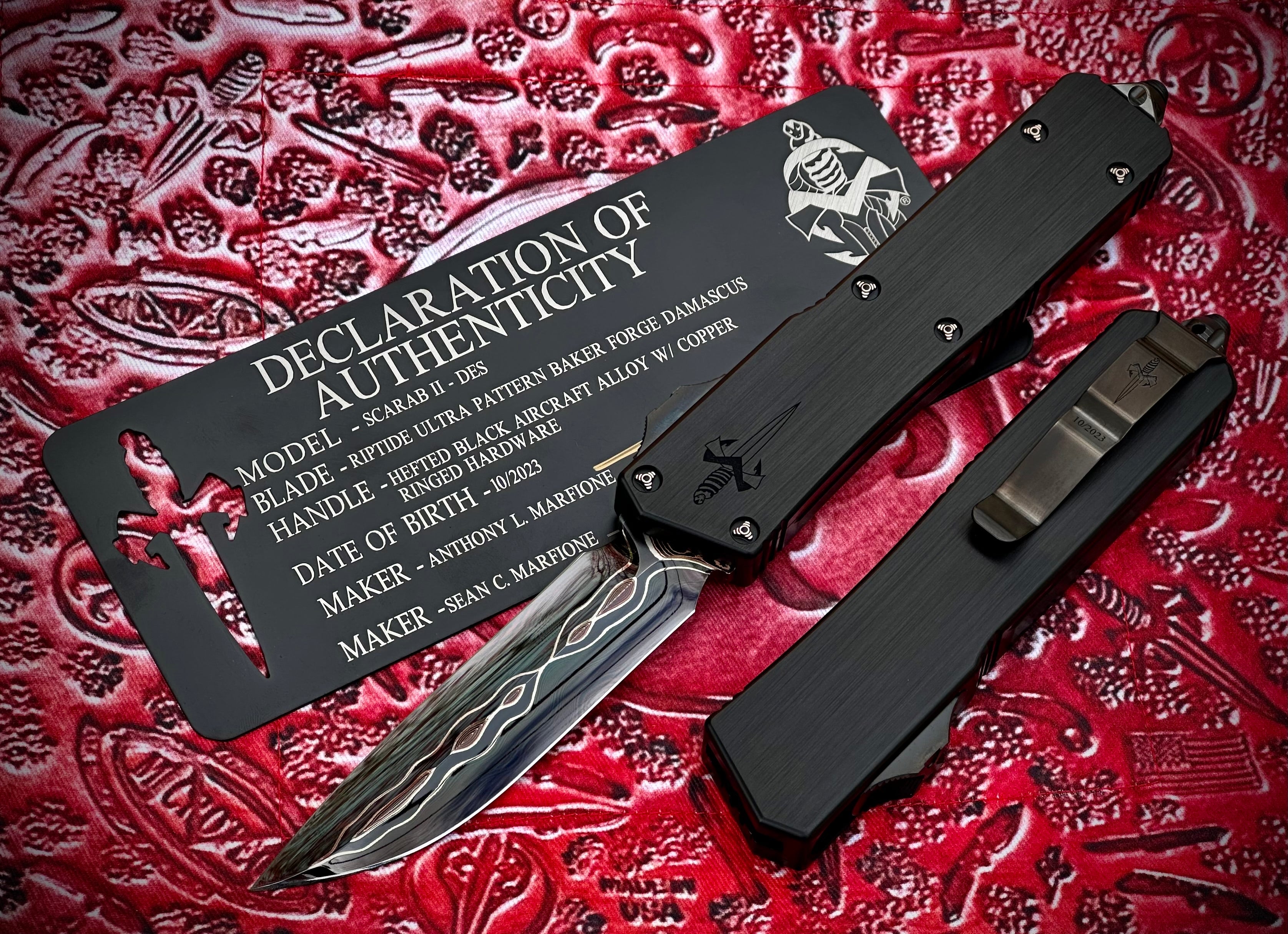 Marfione Custom Knives Scarab 2 DES Riptide Ultra Baker Forge Damascus w/ Hefted Black Handle & Copper Ringed Ti Hardware