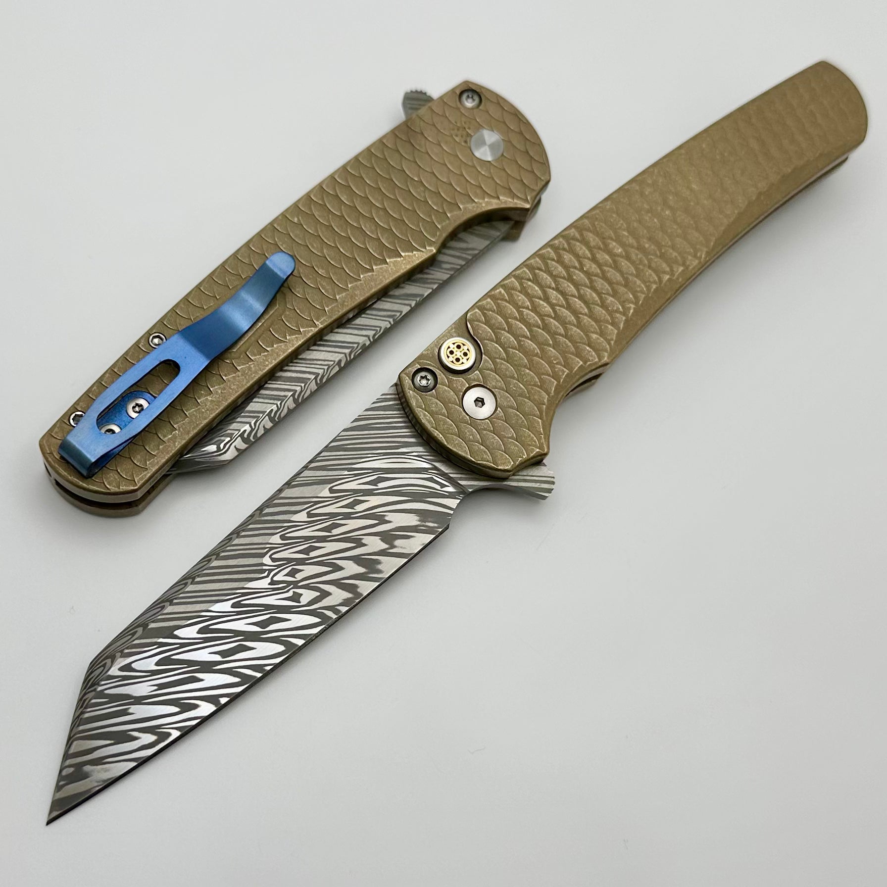 Pro-Tech Malibu Distressed AlBronze “Dragon Scale” Handle w/ Mosaic Button & Mike Irie Hand Ground Damasteel Reverse Tanto Blade Show Atlanta 2024