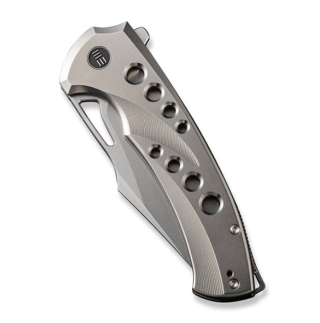 We Knife Swiftfin Polished Bead Blasted Titanium Handles w/ Satin Holes & Polished Bead Blasted 20CV WE23051-2