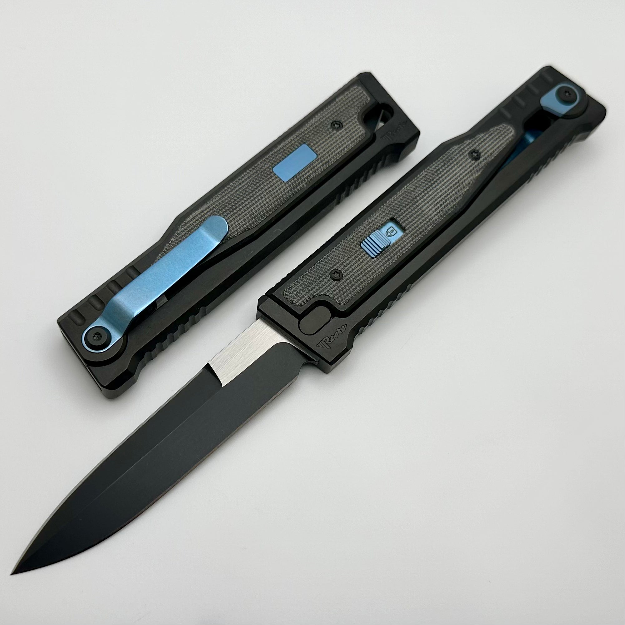 Reate EXO Exoskeleton Design V2 Black Micarta & Two Tone Black PVD Double Edge Bayonet w/ Blue Accents