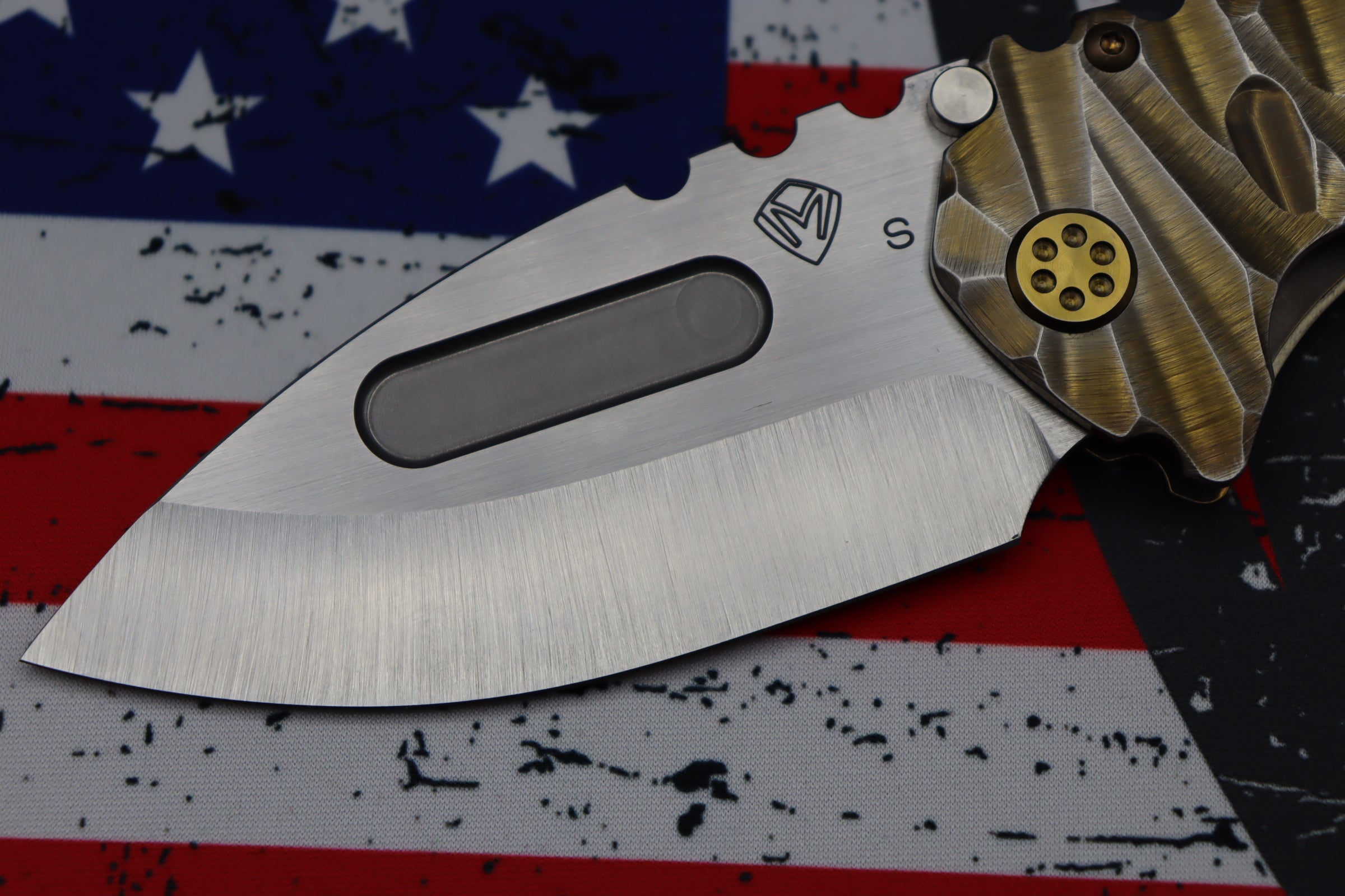 Medford Knife Praetorian T Drop Point Satin S35 & Bronze w/ Brushed Silver Predator Sculpted Handles & Bronze Hardware/Clip