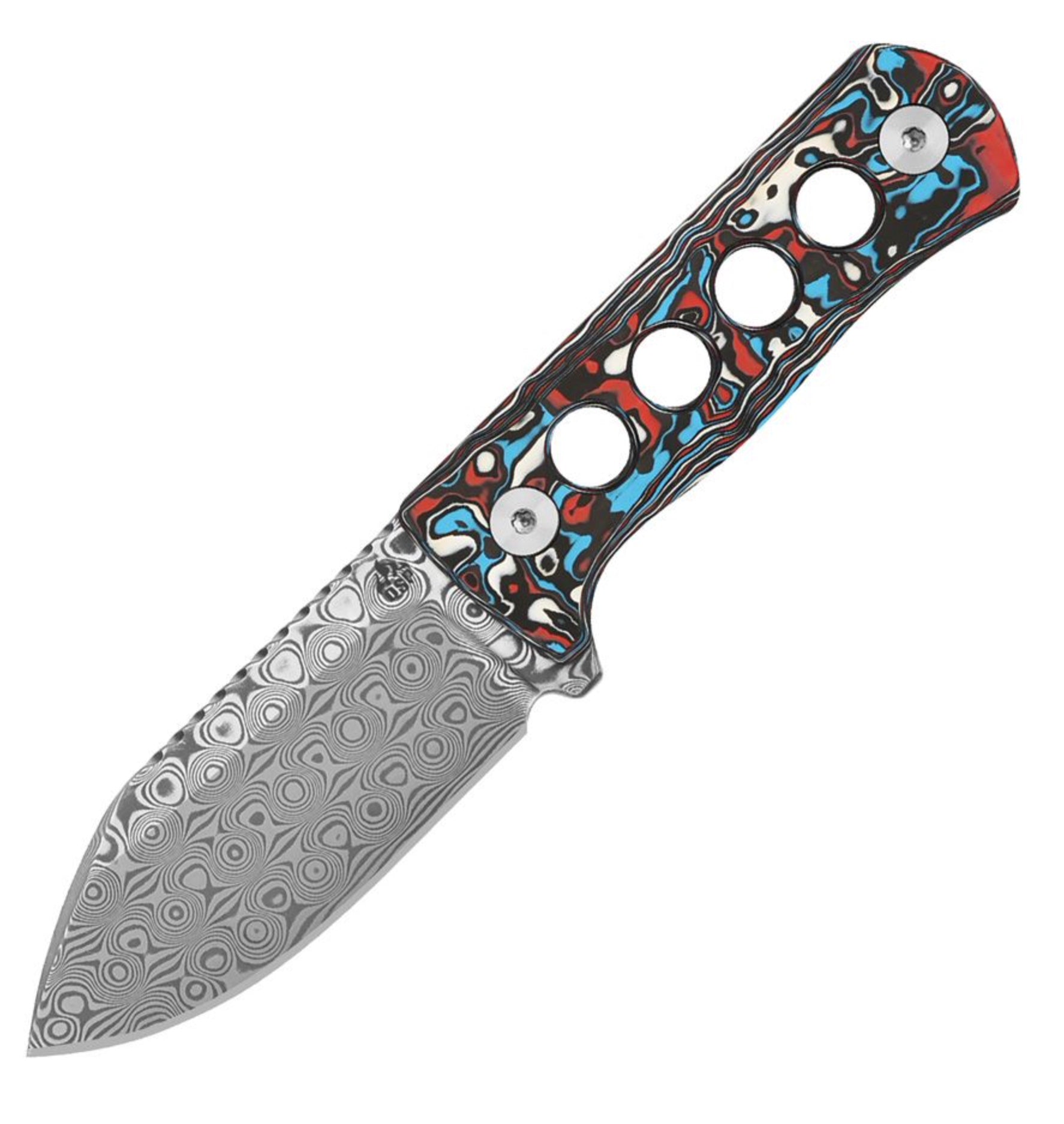 QSP Canary Neck Knife w/ Laminated Damascus & Red/White/Blue Carbon Fiber Handle QS141-J