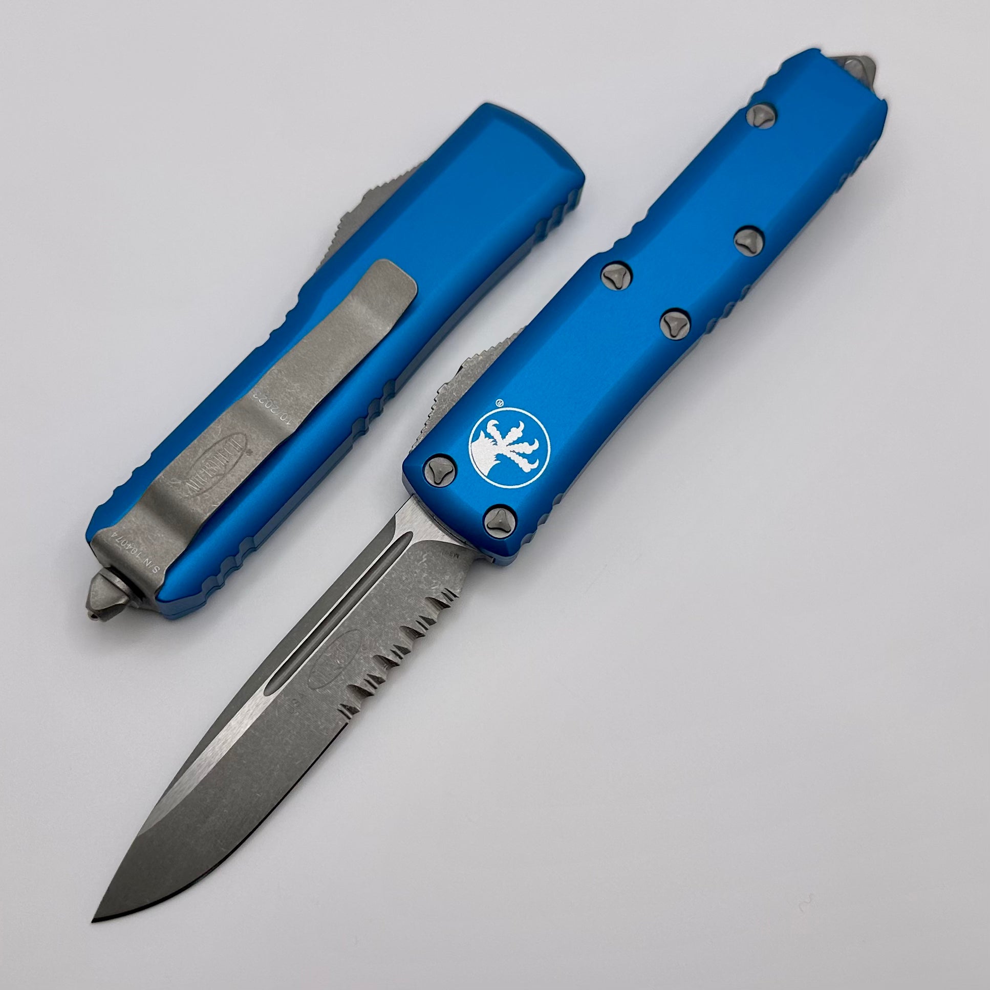 Microtech UTX-85 Single Edge Partial Serrated Apocalyptic Standard & Blue 231-11APBL