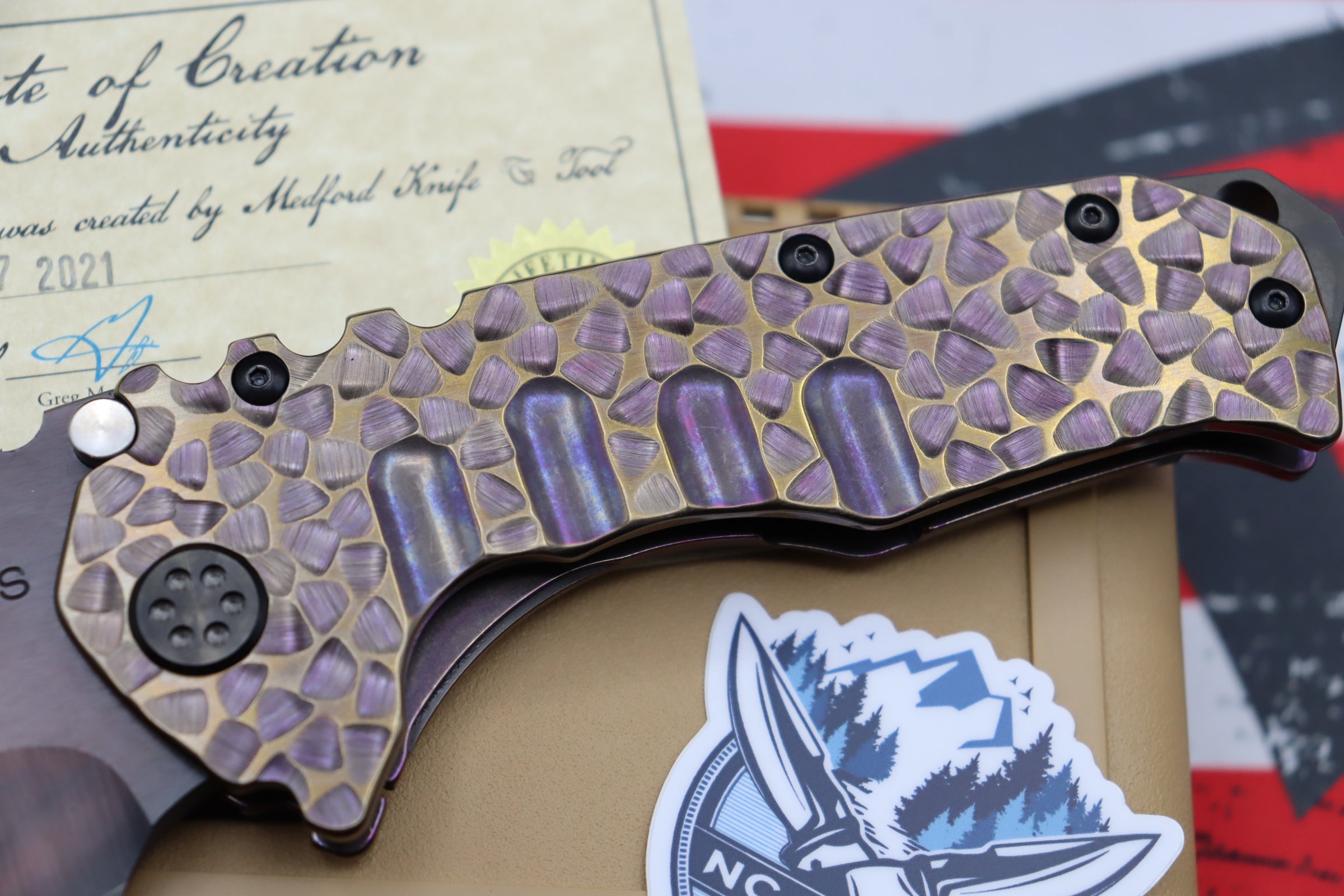 Medford Knife Praetorian T Peaks & Valleys Violet-Bronze Fade & Flamed Hardware with S35 Vulcan Tanto 106-186