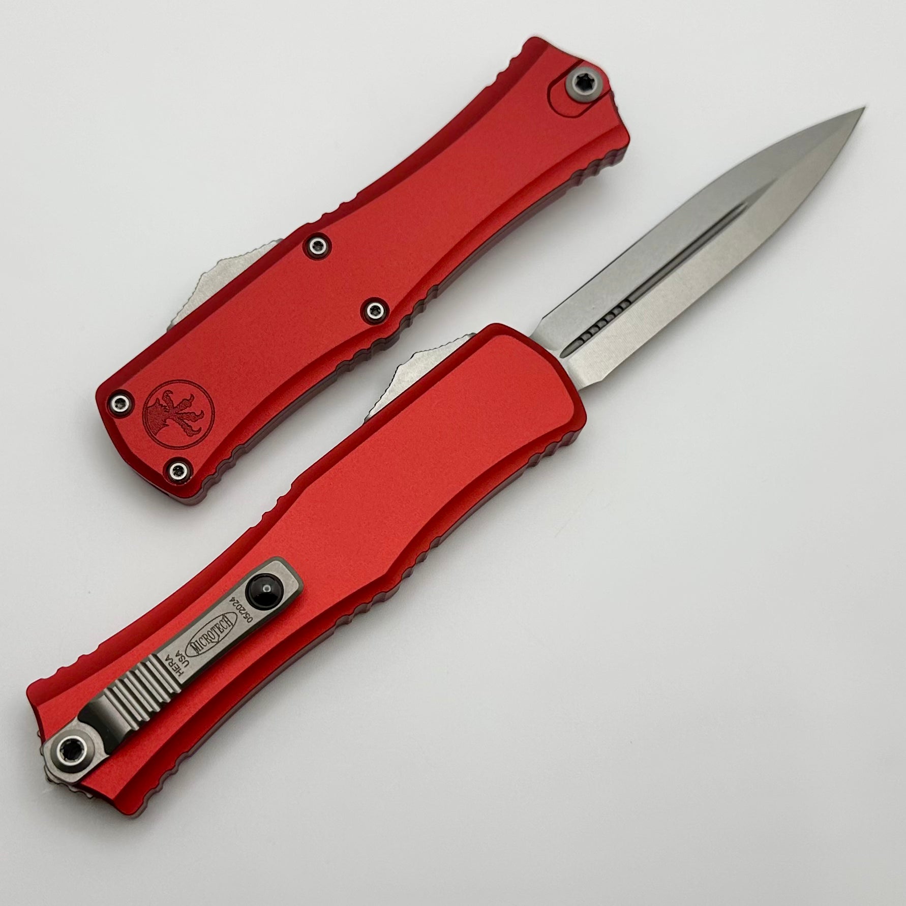 Microtech Knives Mini Hera Stonewash Double Edge M390MK w/ Red Handle 1702M-10RD