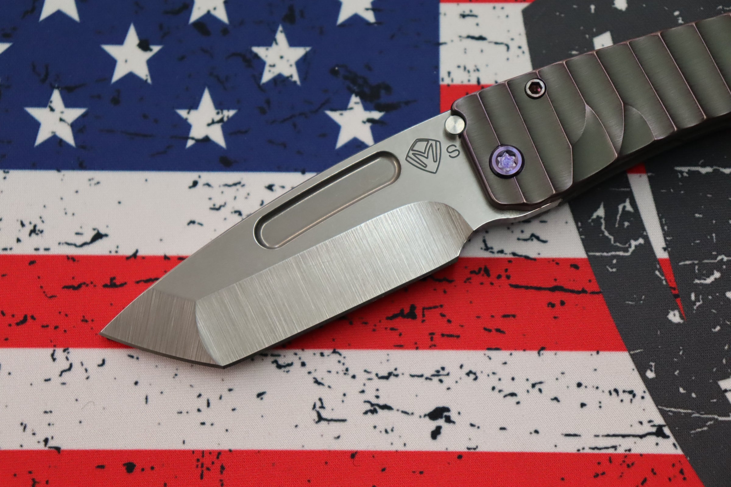 Medford Midi Marauder Tumbled S35 Tanto & Bead Blast Cement w/ Violet Mini Gator Belly Sculpted Handles w/ Violet Hardware/Clip