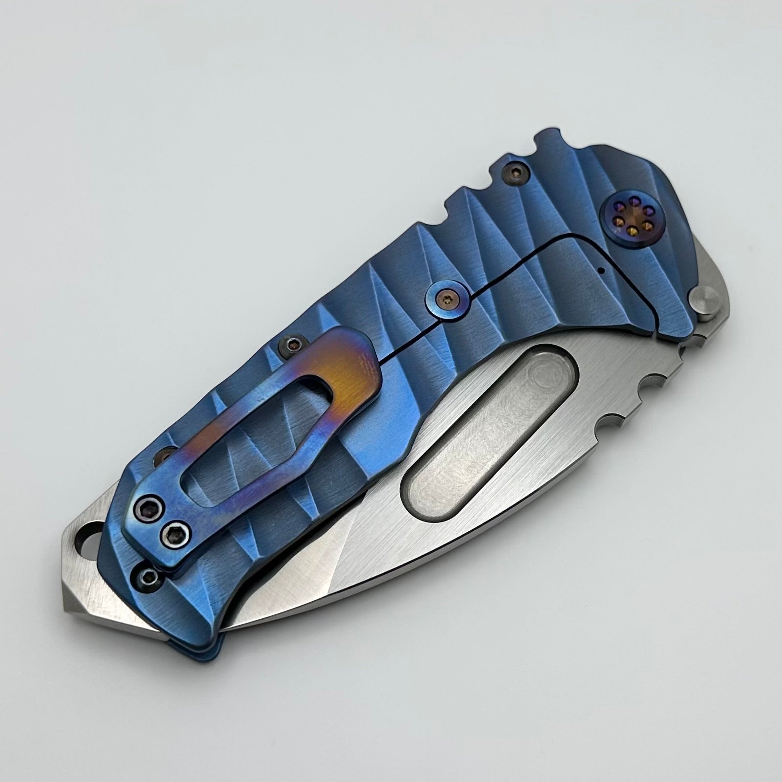 Medford Knife Praetorian T Drop Point Tumbled S45 & Bead Blast/Blue Lightning Handles w/ Flamed Hardware/Clip