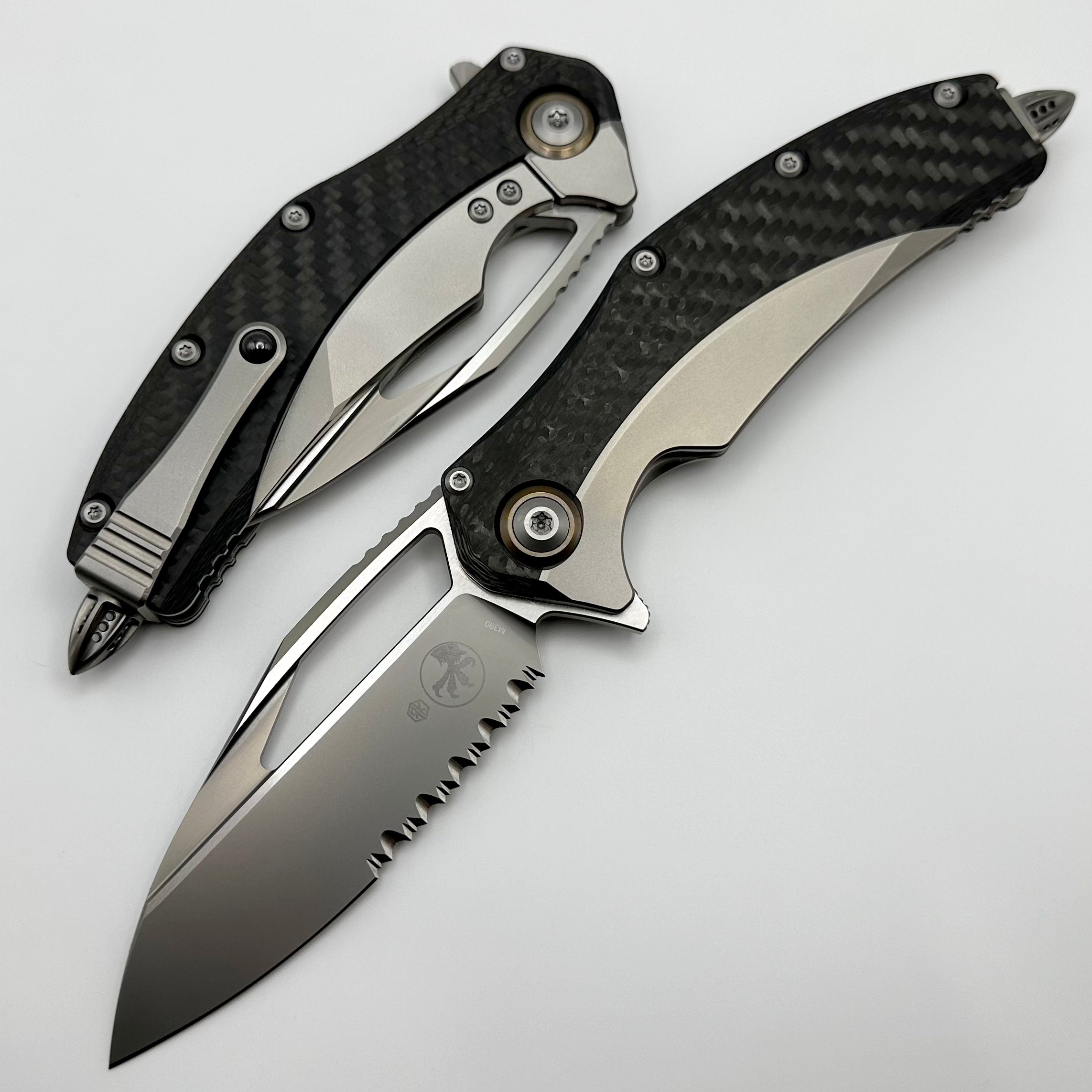 Microtech Matrix Titanium w/ Carbon Fiber Scales & Bronze Ti Pivot Collars w/ Partial Serrated Bead Blast M390 165C-8CFTI