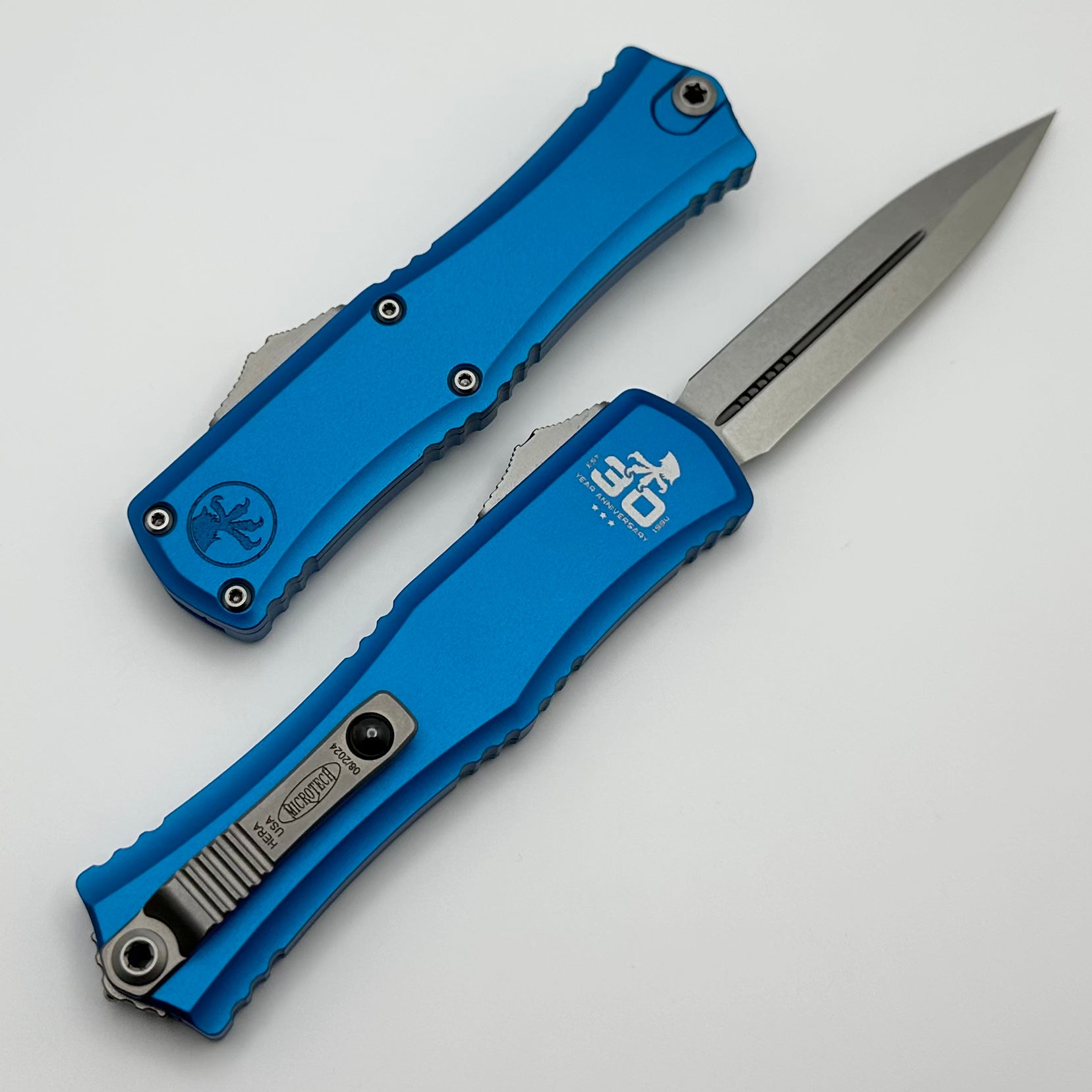 Microtech Knives Mini Hera 30th Anniversary Stonewash D/E M390MK w/ Blue Handle 1702M-10BL30