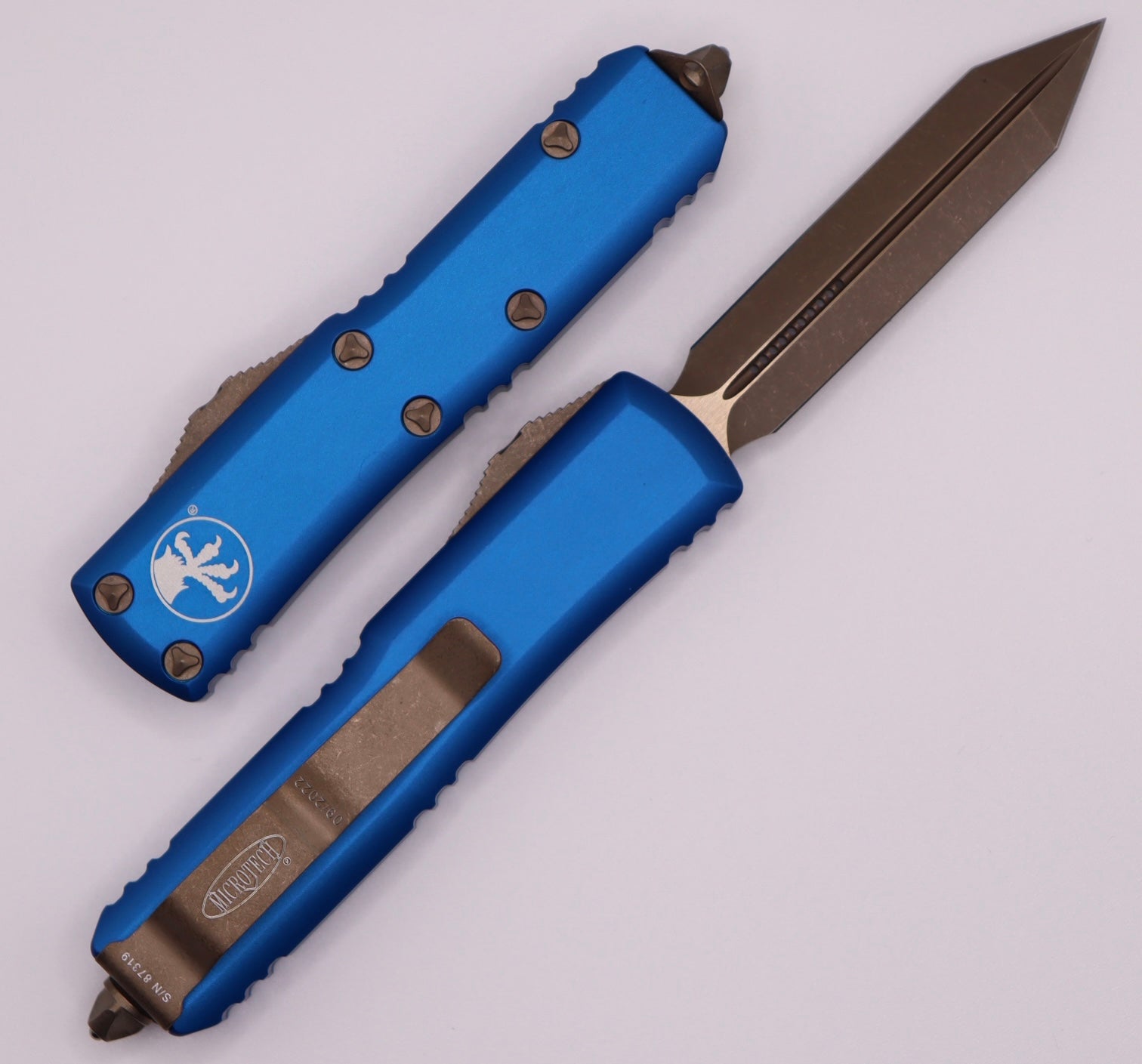 Microtech UTX-85 Spartan Apocalyptic Bronze Standard & Blue 230-13APBL