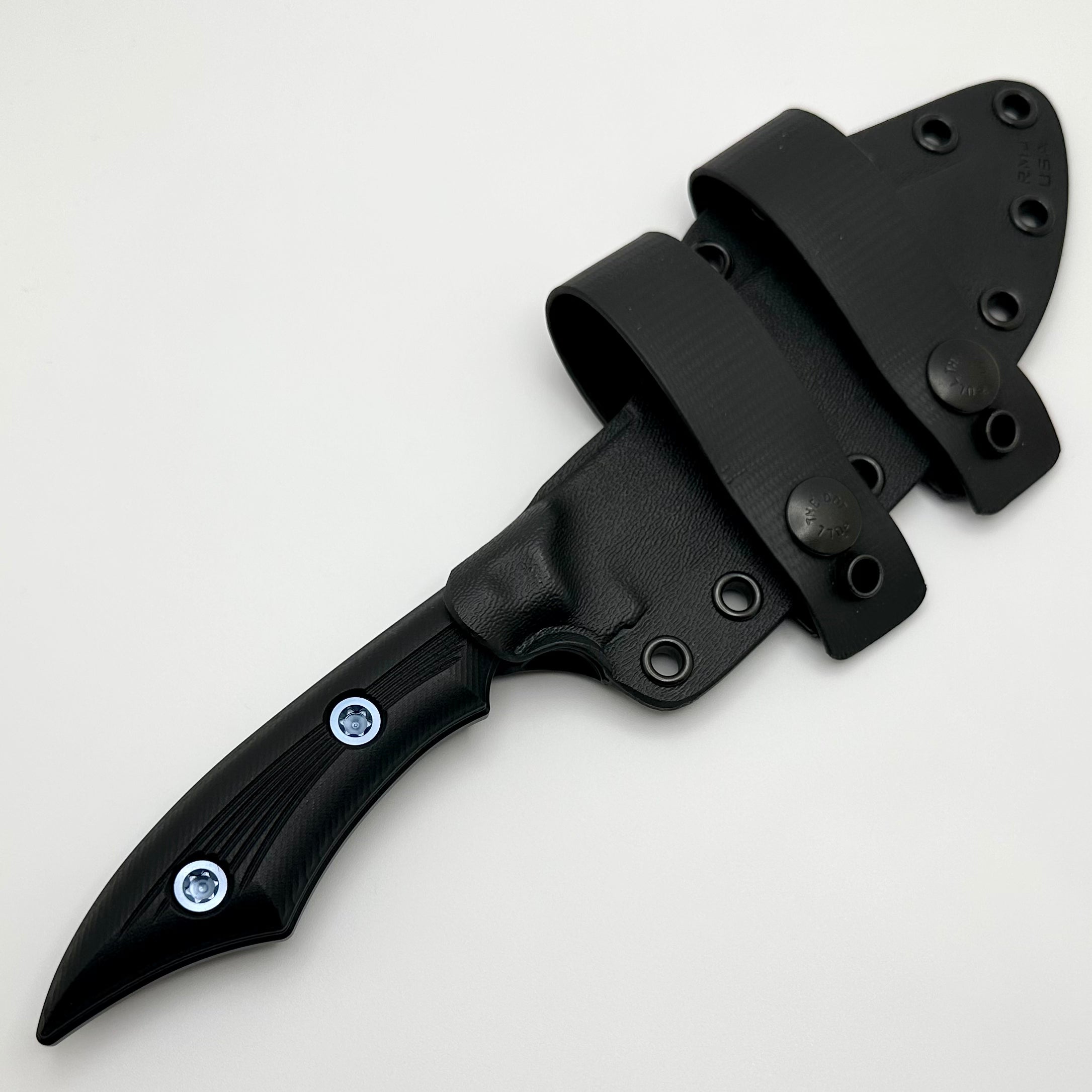 RMJ Ratatosk Black G-10 Handles w/ Blue Hardware & Nitro-V Fixed Blade